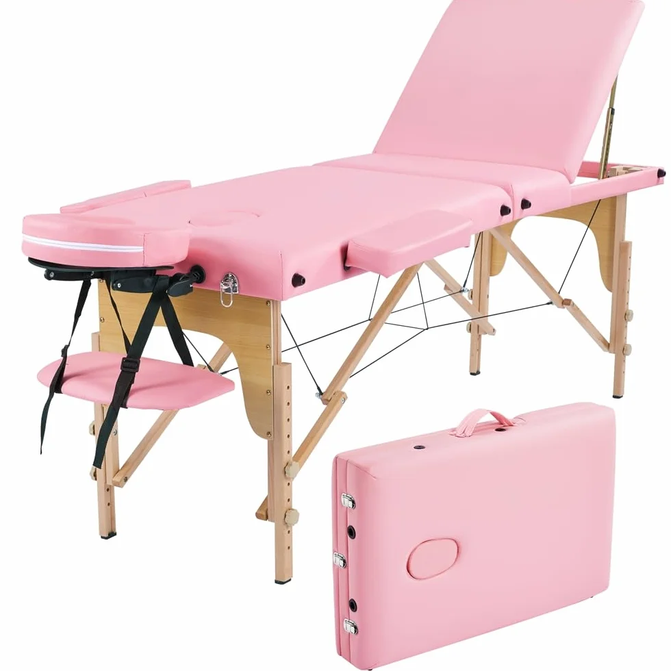Yaheetech Lettino da Massaggio Portatile Pieghevole Legno Faggio 213 x 57 cm Altezza Regolabile Rosa