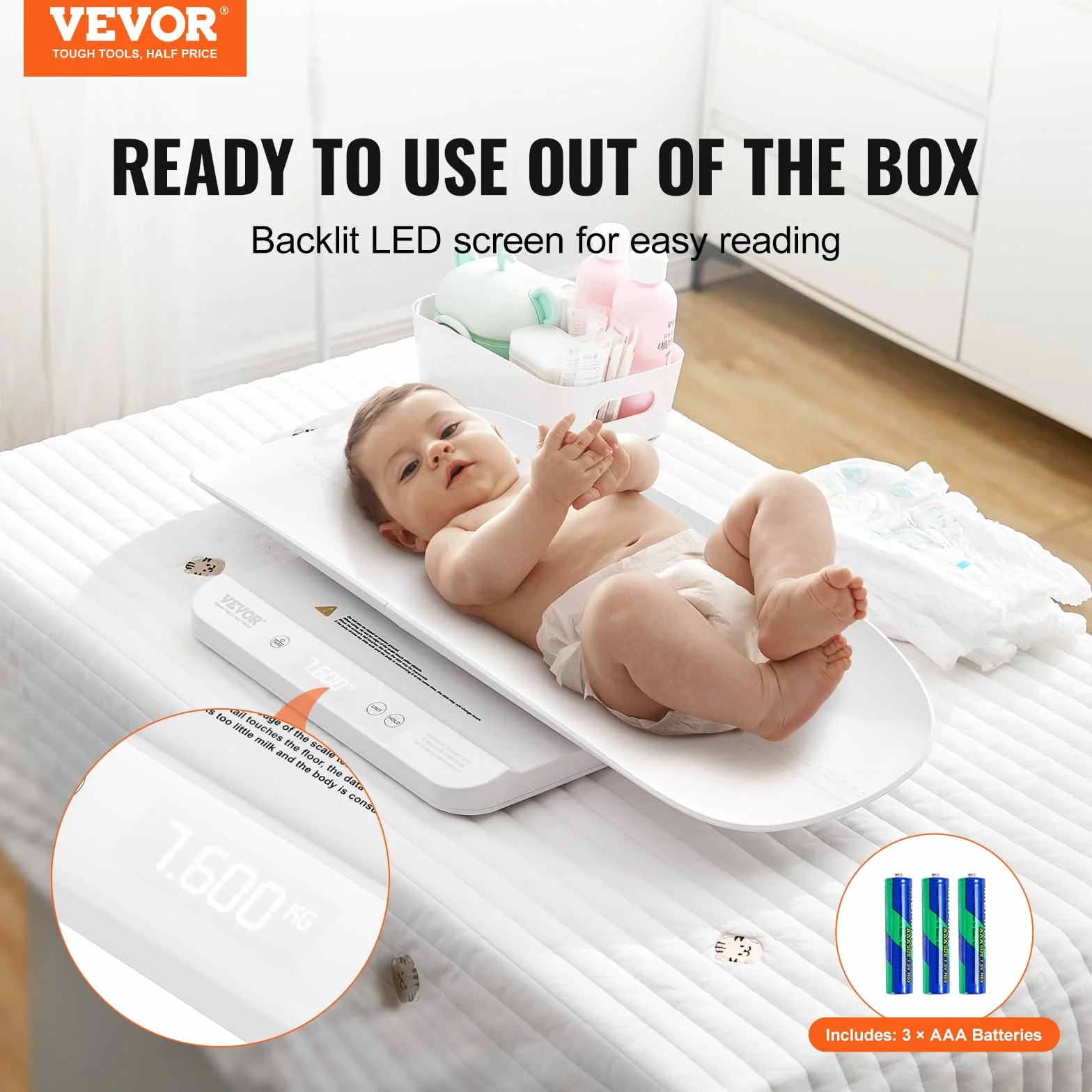 VEVOR Bilancia Intelligente Bluetooth per Neonati 2 in 1, Digitale con Vassoio Staccabile, Hold e Tare, 30 kg