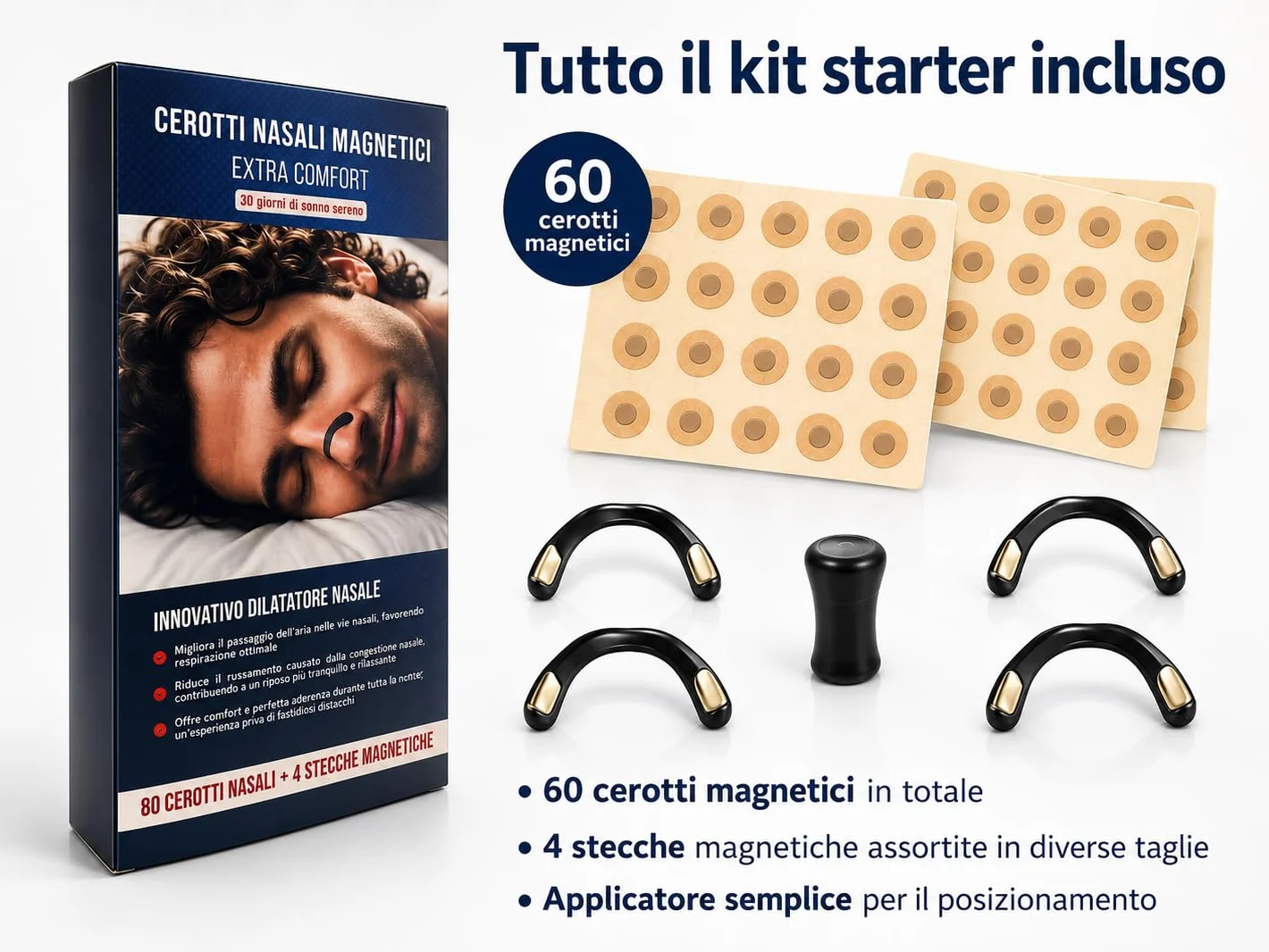 Dilatatore Nasale Magnetico 60 Cerotti Nasali Antirussamento Divaricatore Nasale Stecche Riutilizzabili Applicatore Precisione