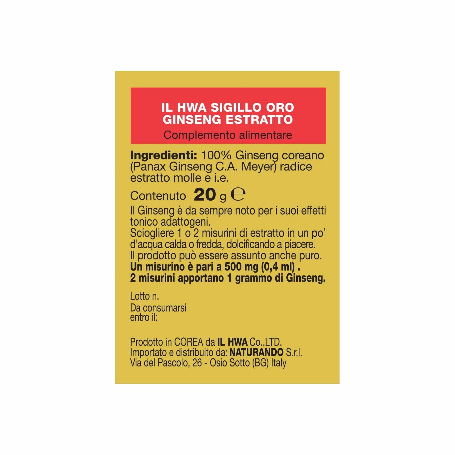 Naturando Ginseng Bianco Sigillo Oro Estratto Molle Tonico Adattogeno Antiaffaticamento 20 g