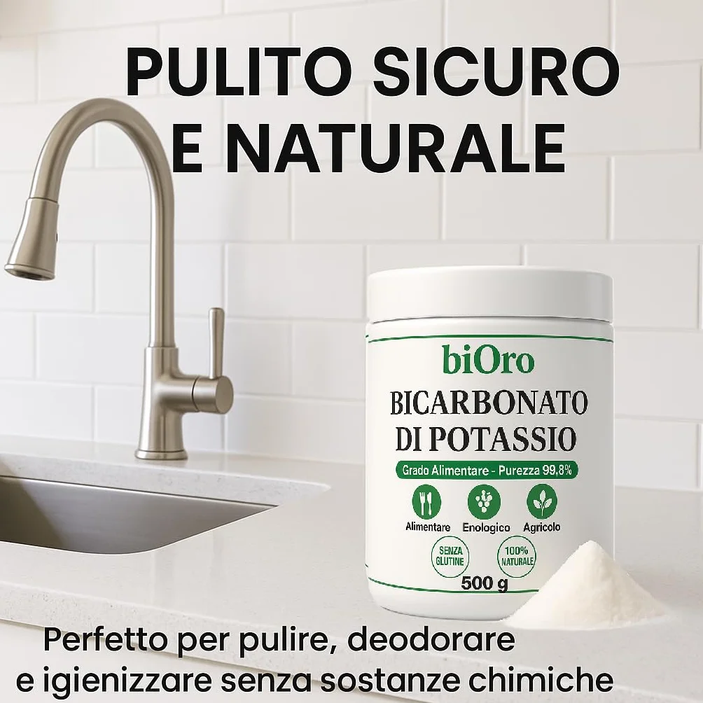 BICARBONATO DI POTASSIO Alimentare biOro 99,8% – 500g – Regolatore Acidità, Antifungino Naturale, Uso Enologico e Agricolo – Grado Alimentare Qualità Premium – Senza Glutine