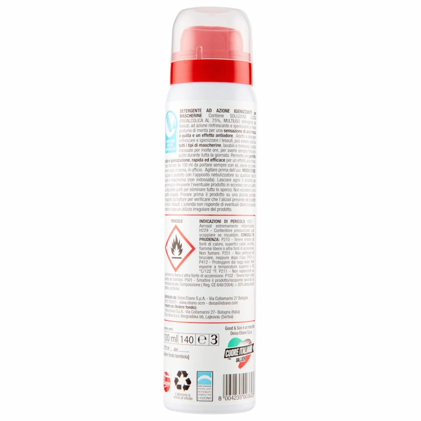 Good & San Spray Igienizzante Rinfrescante Mascherine, Disinfettante con Alcool 75%, 100 ml
