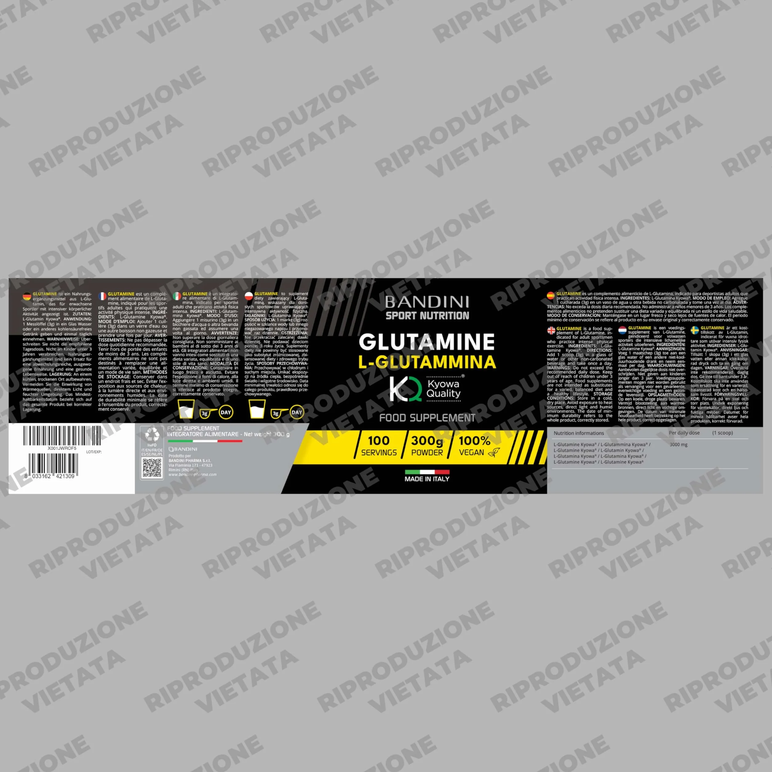 Bandini® L-Glutammina Kyowa® Quality Pura in Polvere - Aminoacido utile per Esercizi Fisici ad Alta Intensità - Rinforza la Massa Muscolare - Glutammina POWDER 100% Vegan - Confezione da 300g