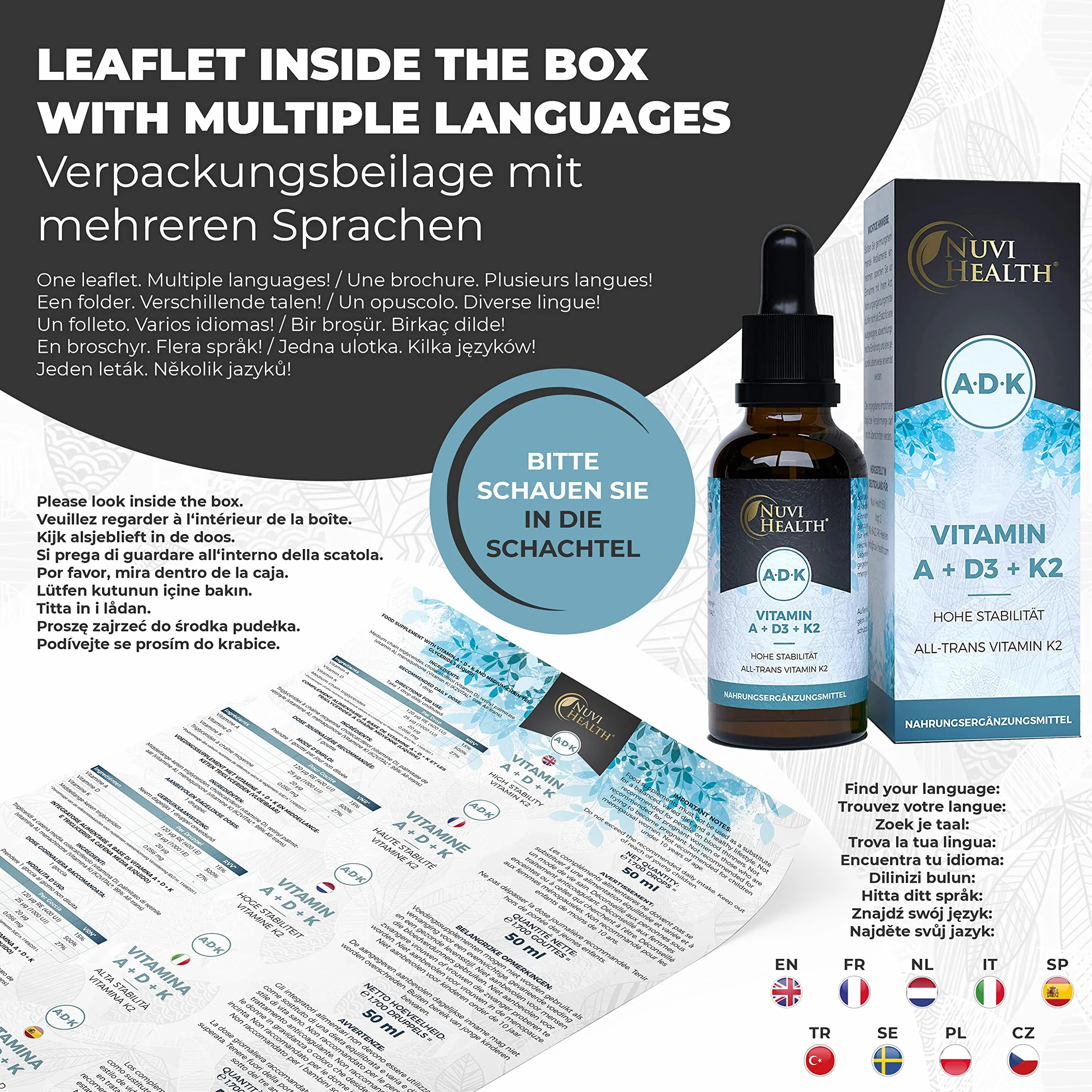Vitamina A + D3 + K2 Drops - 50 ML - Premium: 99.7+% All-Trans (K2VITAL® by Kappa) + Vitamina D3 + A (Retinolo) altamente biodisponibile - Liquido