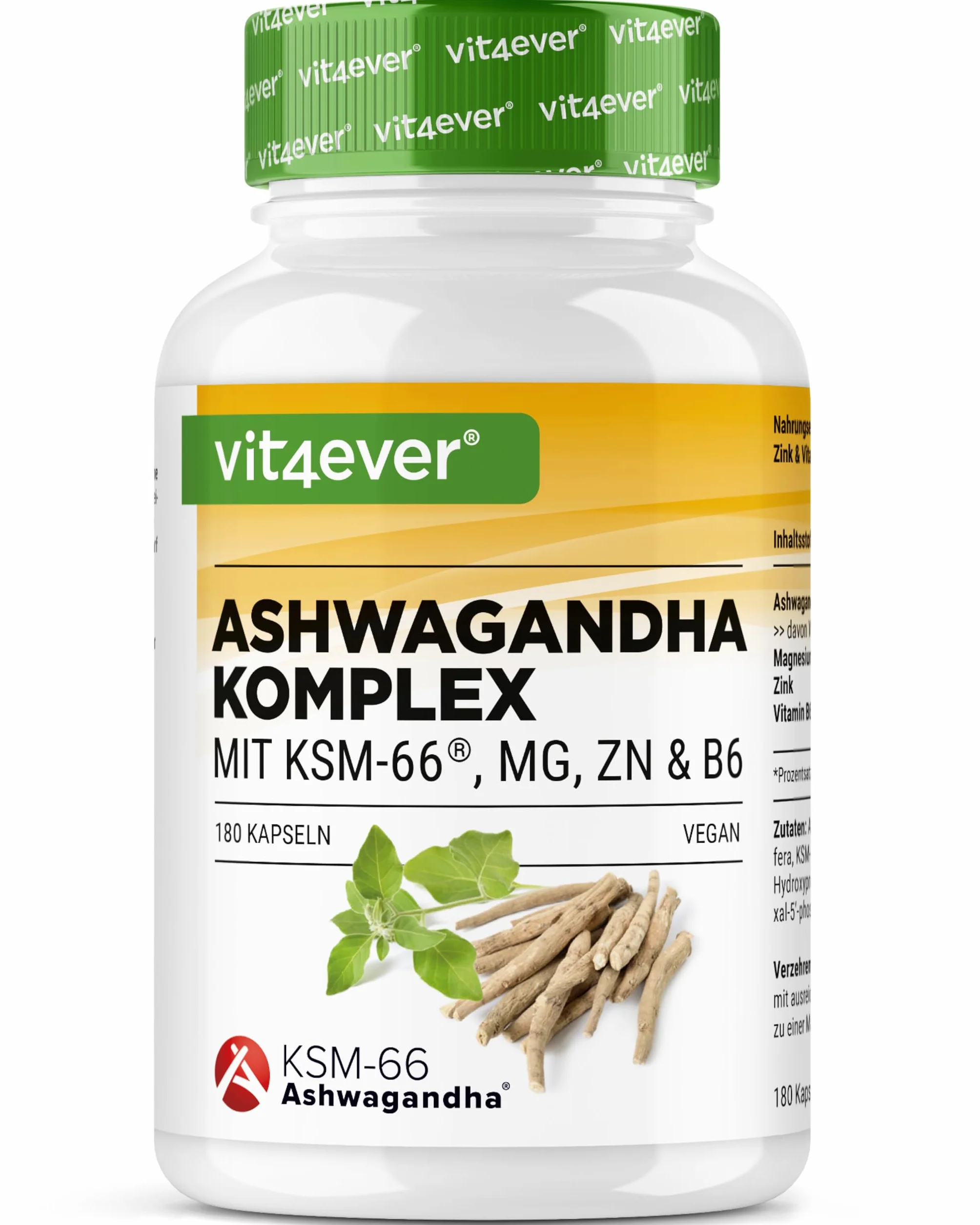 Complesso di Ashwagandha KSM-66® 180 capsule 600 mg con magnesio, zinco e vitamina B6 Vegan