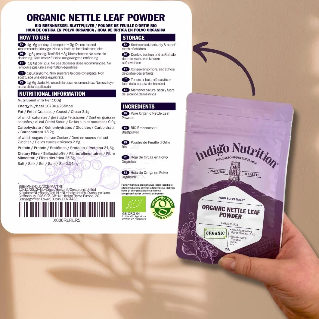 Indigo Herbs Ortica organica Foglie in polvere 500g