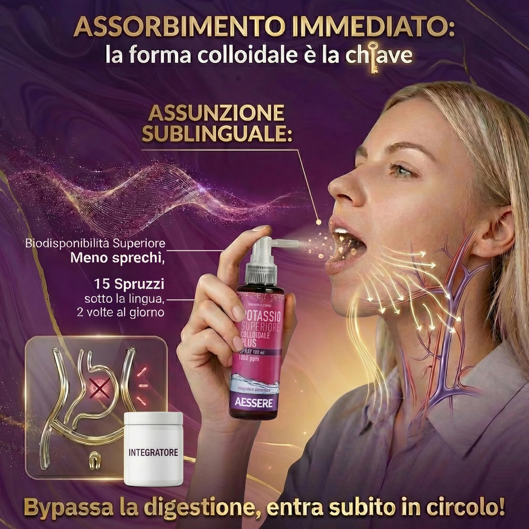 Potassio Colloidale Spray - Integratore di Potassio Plus ad Alta Biodisponibilità 1000 ppm Supporto per Crampi, Muscoli e Sistema Nervoso, Senza Zuccheri, Gusto Neutro - Made in Italy- Aessere 100ml