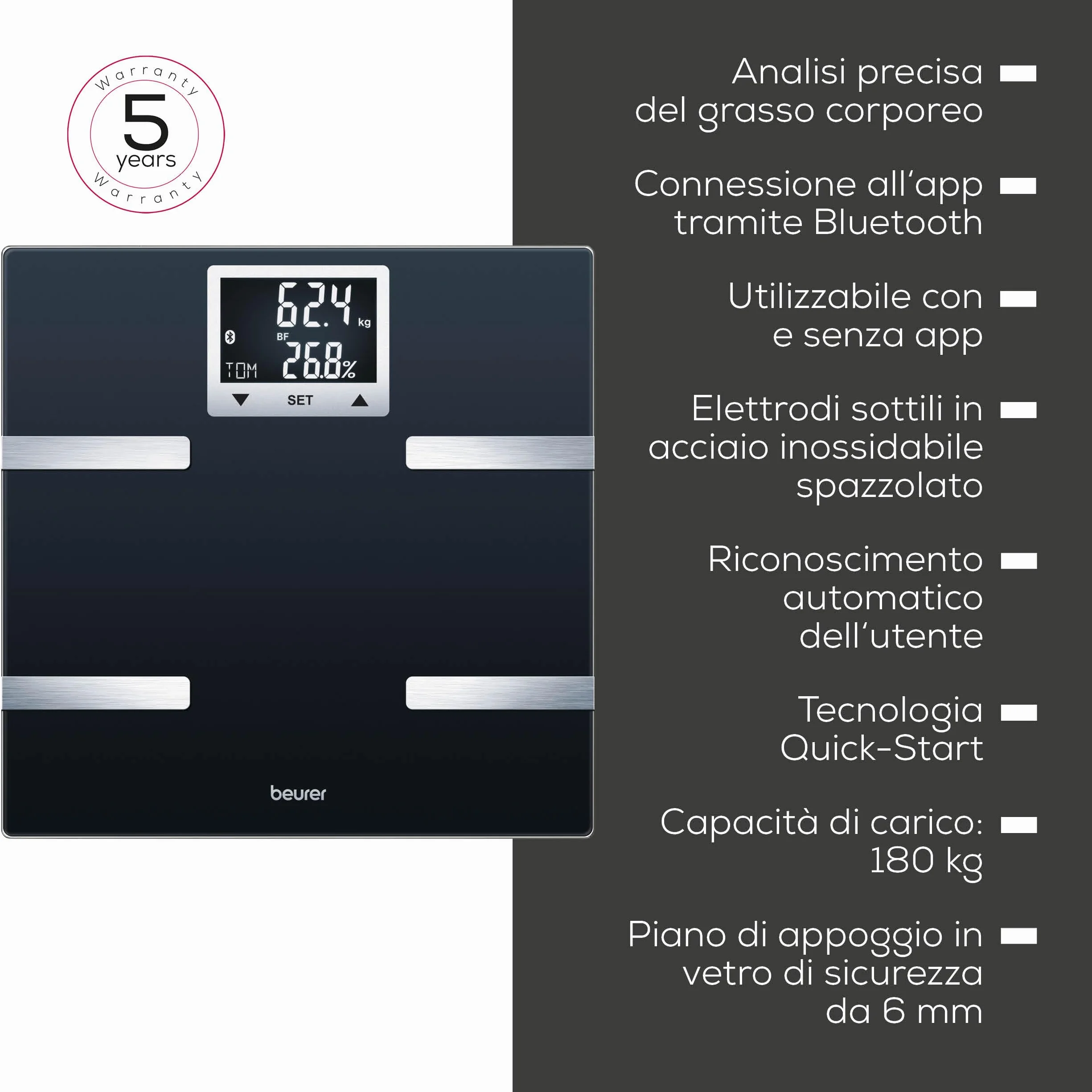 Beurer BF 720 Bilancia Diagnostica Bluetooth Peso Grasso Corporeo Muscolare AMR BMR Nero