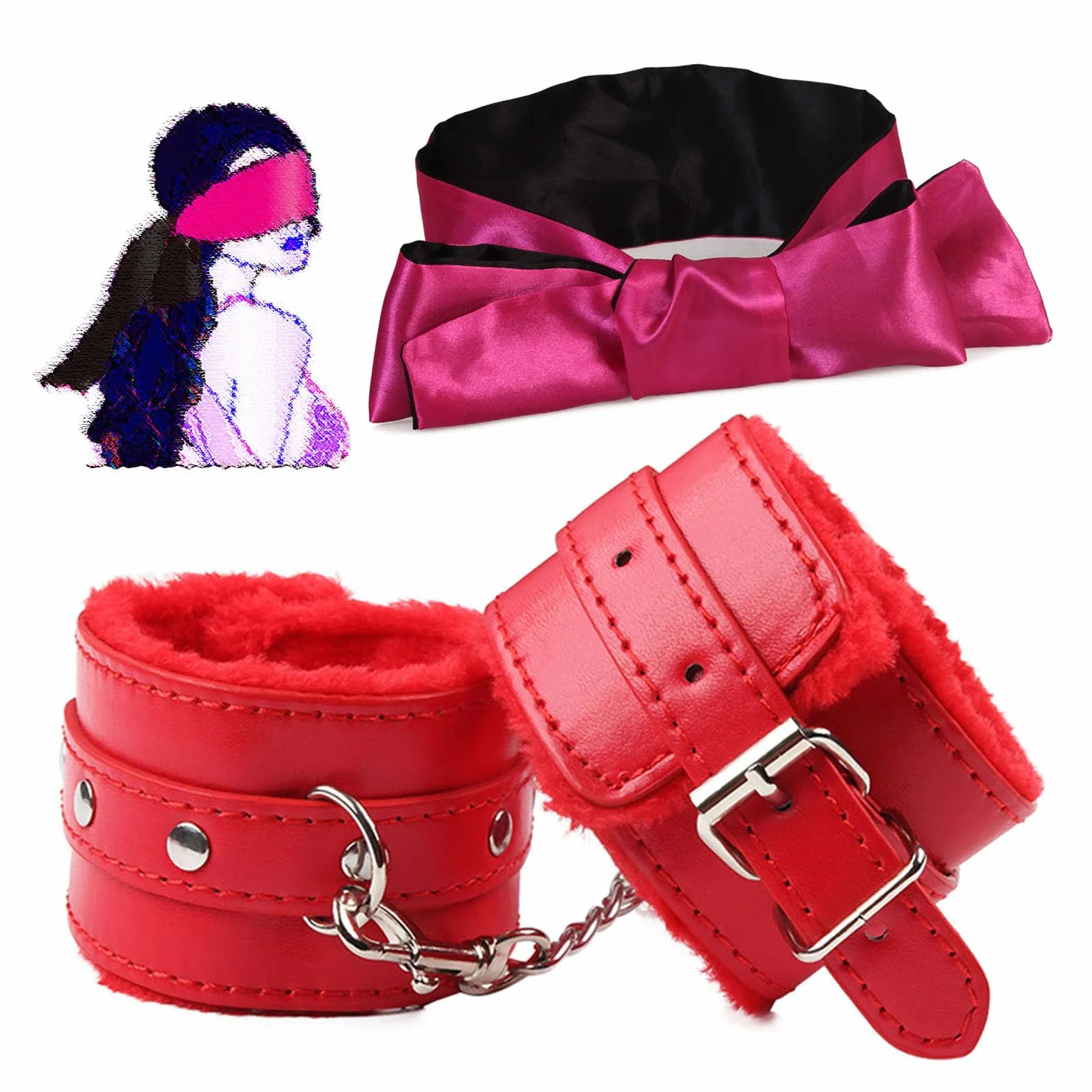 BDSM Manette in pelle e peluche con cinghia per benda, set bondage per giochi di coppia