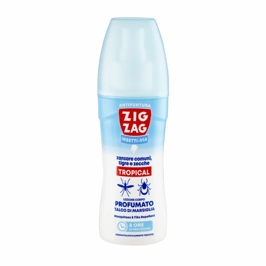 ZIG-ZAG Lozione Antizanzare Corpo Repellente Zanzare Zecche Tafani Talco di Marsiglia 100 ml