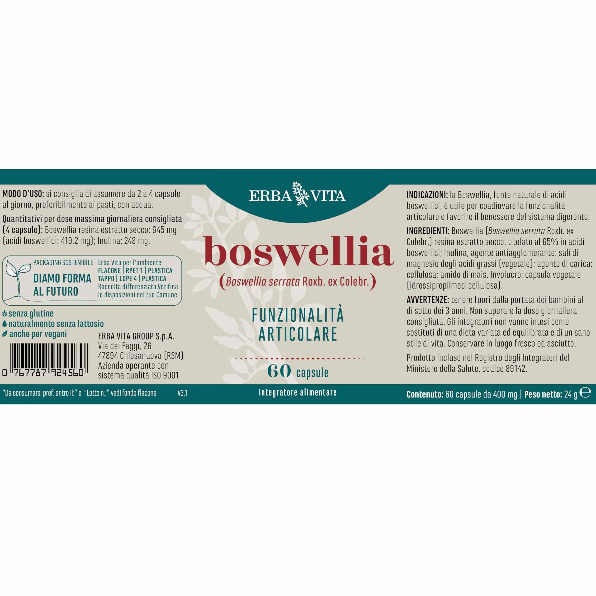 ERBA VITA Integratore Alimentare di Boswellia Serrata - 60 Capsule - Favorisce la funzionalità articolare e il benessere del sistrema digerente