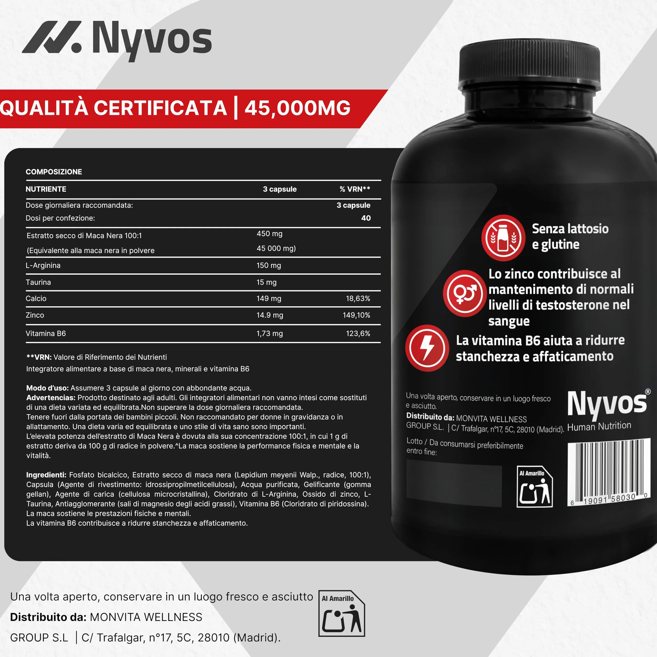 Maca Peruviana Plus – Maca Nera 45.000 mg Equivalenti (100:1), Arginina, Taurina, Vitamina B6 – Testosterone Uomo – 180 Capsule – Vegano, Senza Glutine né Lattosio – Pre workout, Energia e Muscoli