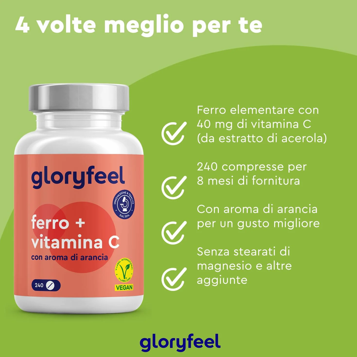 Ferro Integratore 20mg + Vitamina C, 240 Compresse, Eletto PRODOTTO DELL'ANNO 2025, Ferro Integratore per Anemia, Mestruazioni e Stanchezza Fisica, Alta Biodisponibilità, Ricostituente Sangue, Vegan
