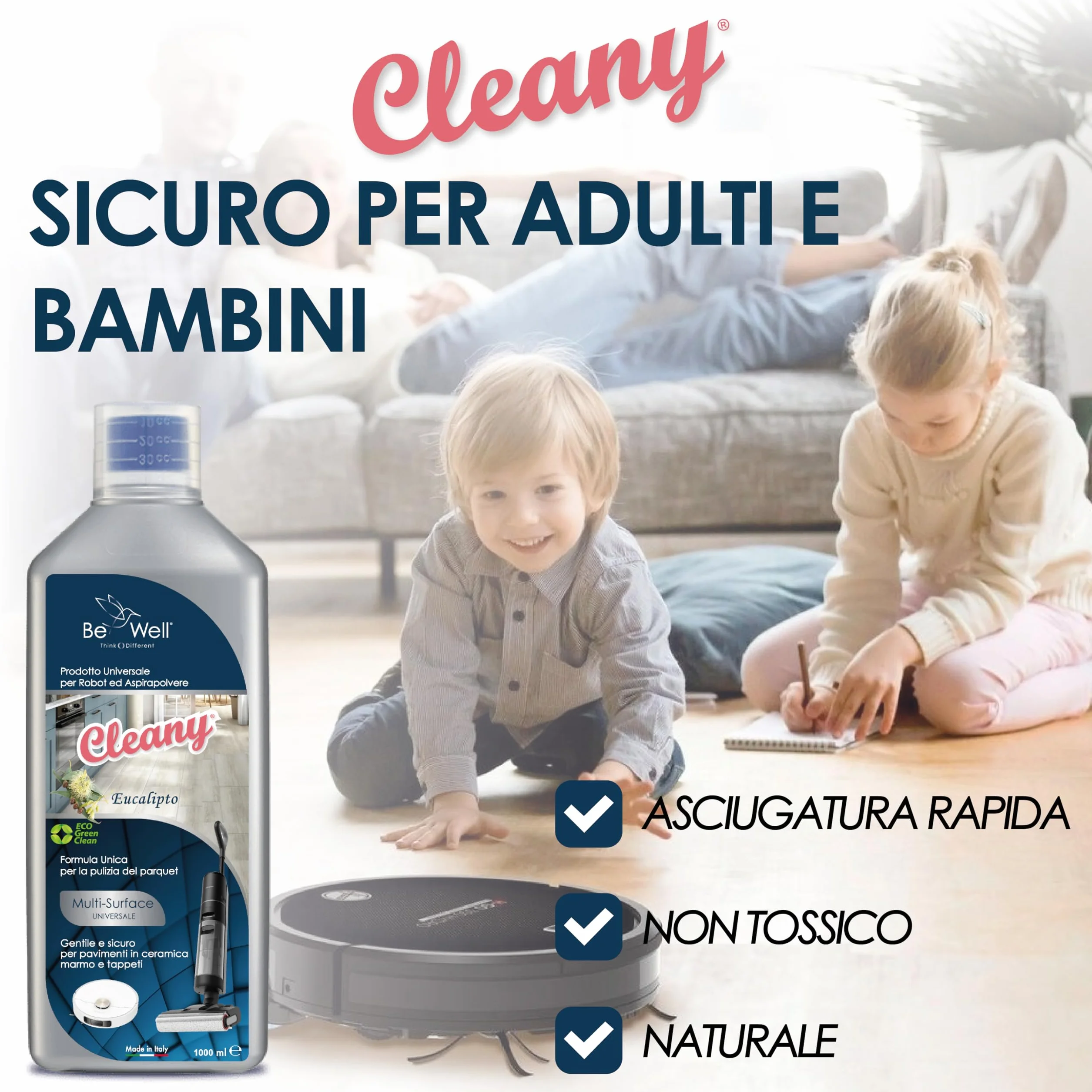 CLEANY Detergente Concentrato per Robot Lavapavimenti 1000ml Multisurface Igienizzante (Eucalipto)
