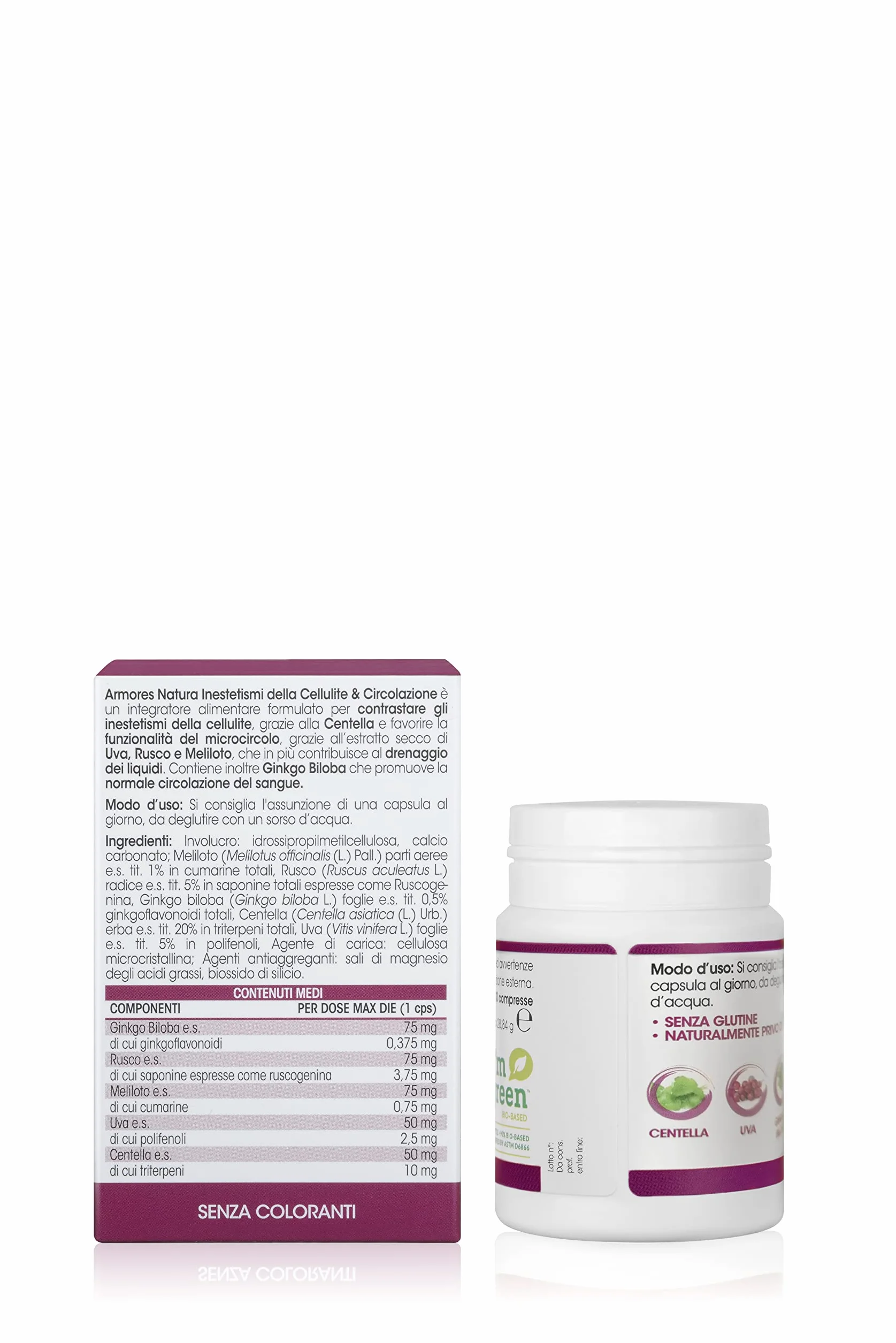 Armores Natura Integratori Alimentari, Inestetismi della Cellulite & Circolazione, Aiuta il Microcircolo, Anticellulite, a Base di Ginkgo Biloba, Uva e Centella, Vegano, Astuccio 30 Capsule