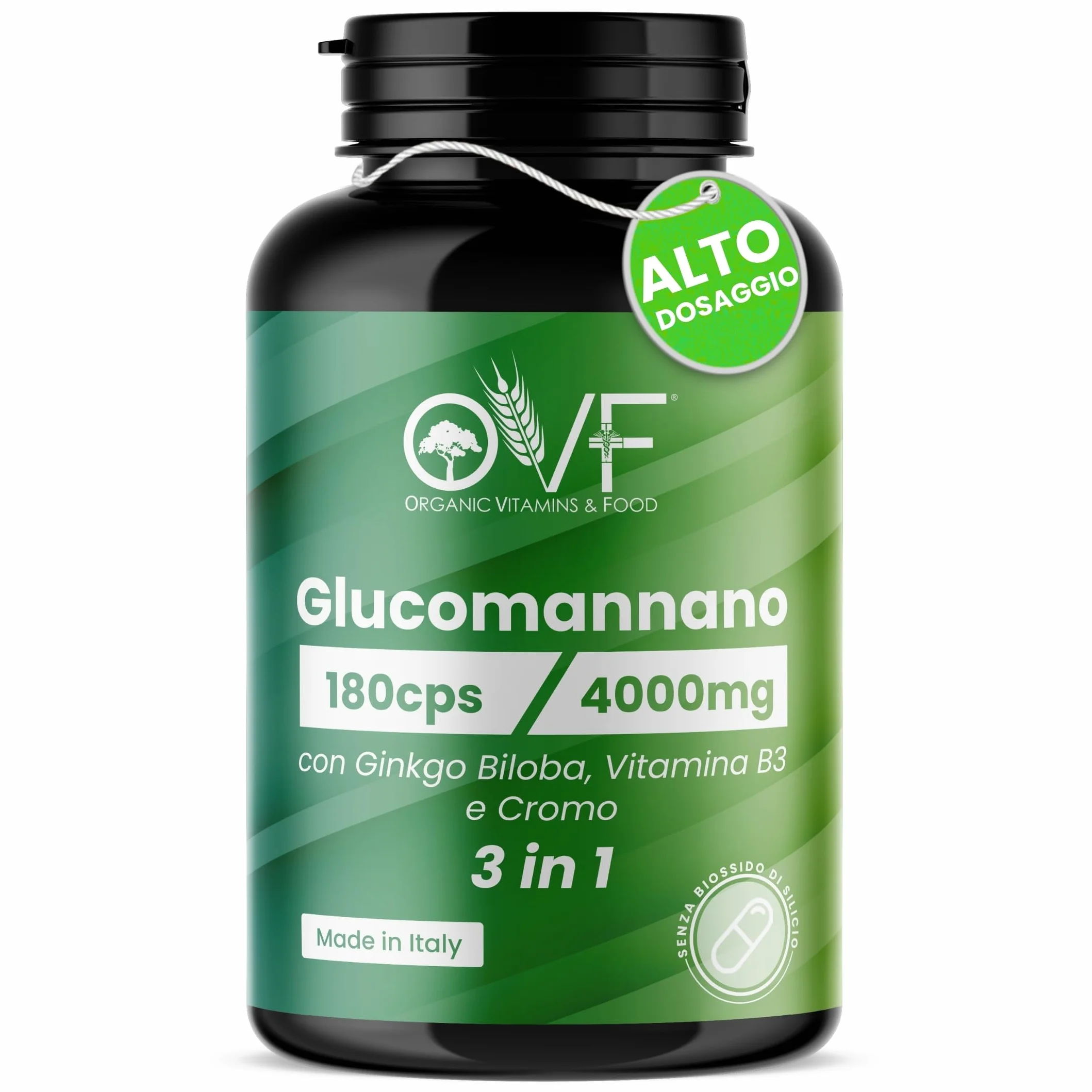 OVF Glucomannano Forte 4000 mg 180 Capsule Integratore Alimentare con Ginkgo Biloba, Vitamina B3 e Cromo, Made in Italy