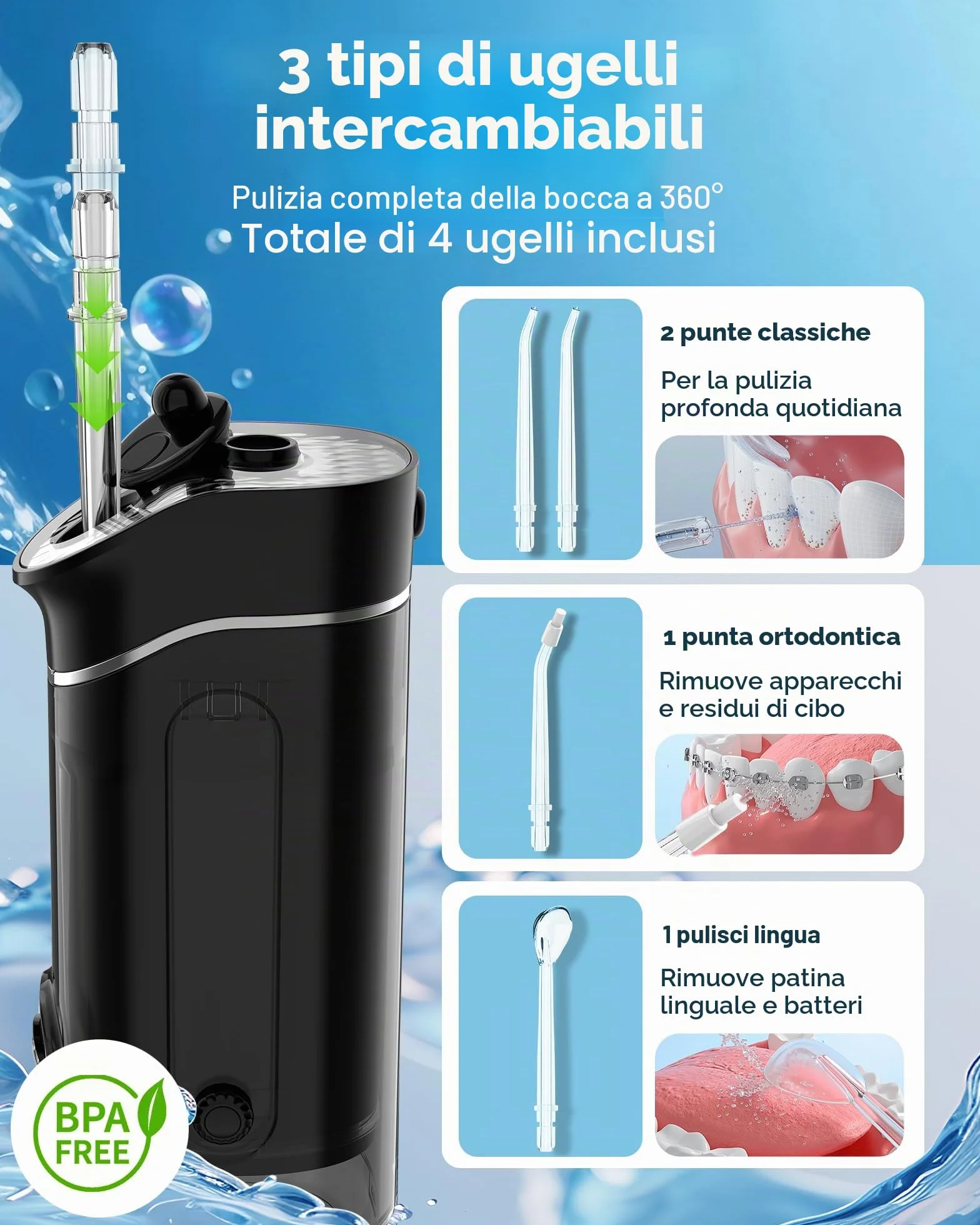 Idropulsore Dentale Portatile, 5 Modalità, Serbatoio 180ml, Impermeabile IPX7, Mini Irrigatore Orale da Viaggio, Water Flosser per Casa e Spostamenti