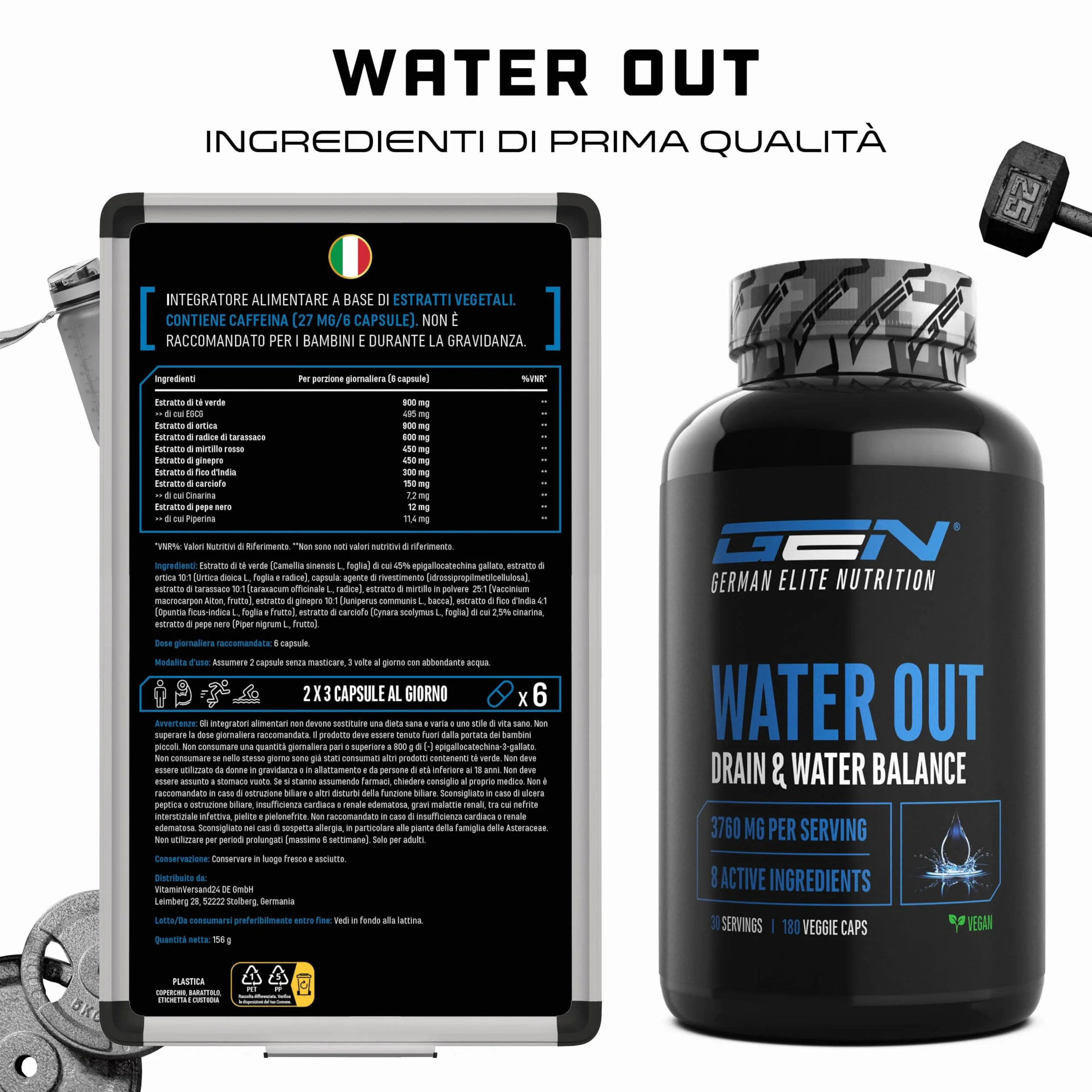 Water Out Complex 180 capsule - equilibrio idrico, drenaggio, tè verde, ortica, tarassaco, estratto di carciofo