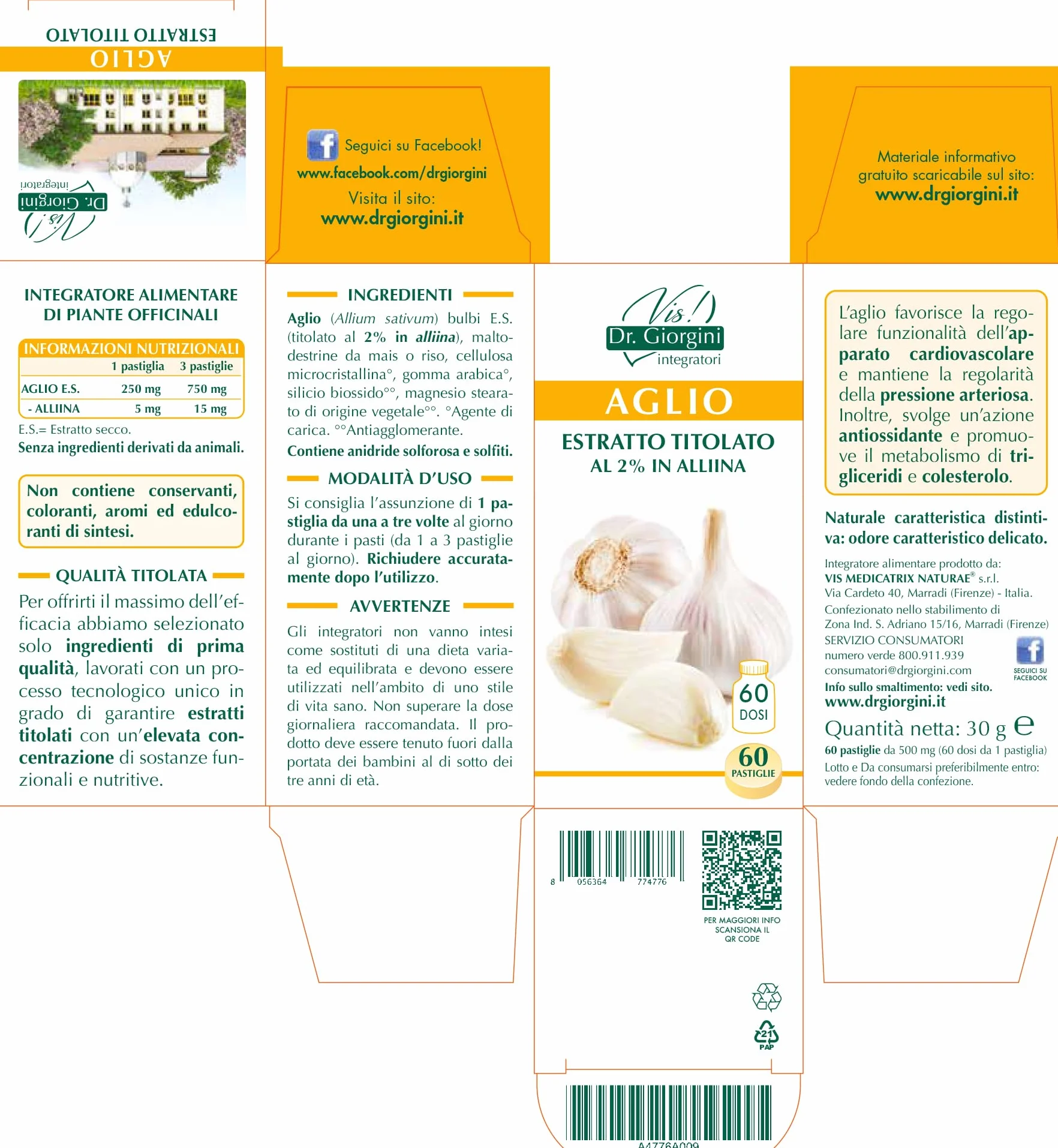Dr Giorgini Integratore Alimentare, Monocomponenti Erbe Aglio Estratto Titolato al 2% in Allina Pastiglie - 30 g