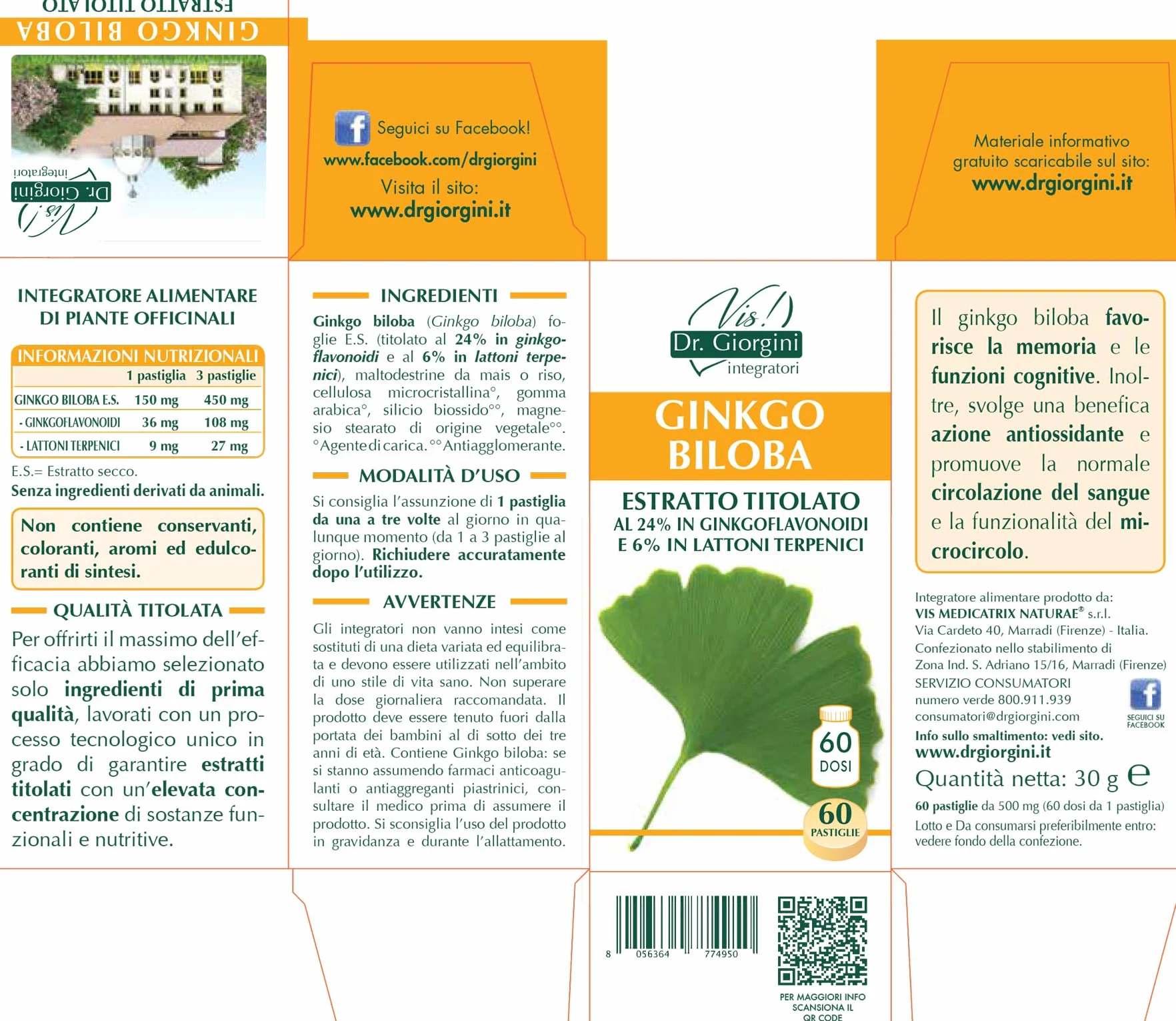 Dr Giorgini Integratore Alimentare Ginkgo Biloba Estratto Titolato 24% Ginkgoflavonoidi 6% Lattoni Terpenici Pastiglie 30 g
