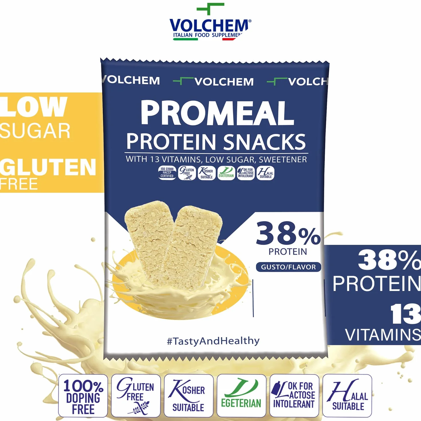 Volchem Promeal Protein Snacks 38, Snack Proteico al 38% di Proteine, con Vitamine, Senza Grassi Idrogenati, Conservanti e con Pochi Zuccheri (Cookie)
