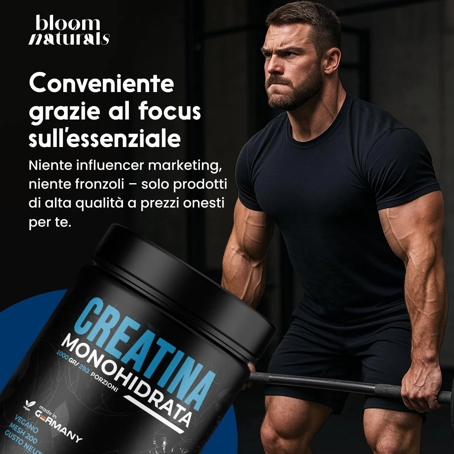 Creatina Monoidrata in Polvere 1000g – 293 Porzioni – Gusto Neutro, Mesh 200 – Vegana, Prodotta in Germania - Creatina Monoidrato Polvere - Creatine Monohydrate Pure - Testato in Laboratorio