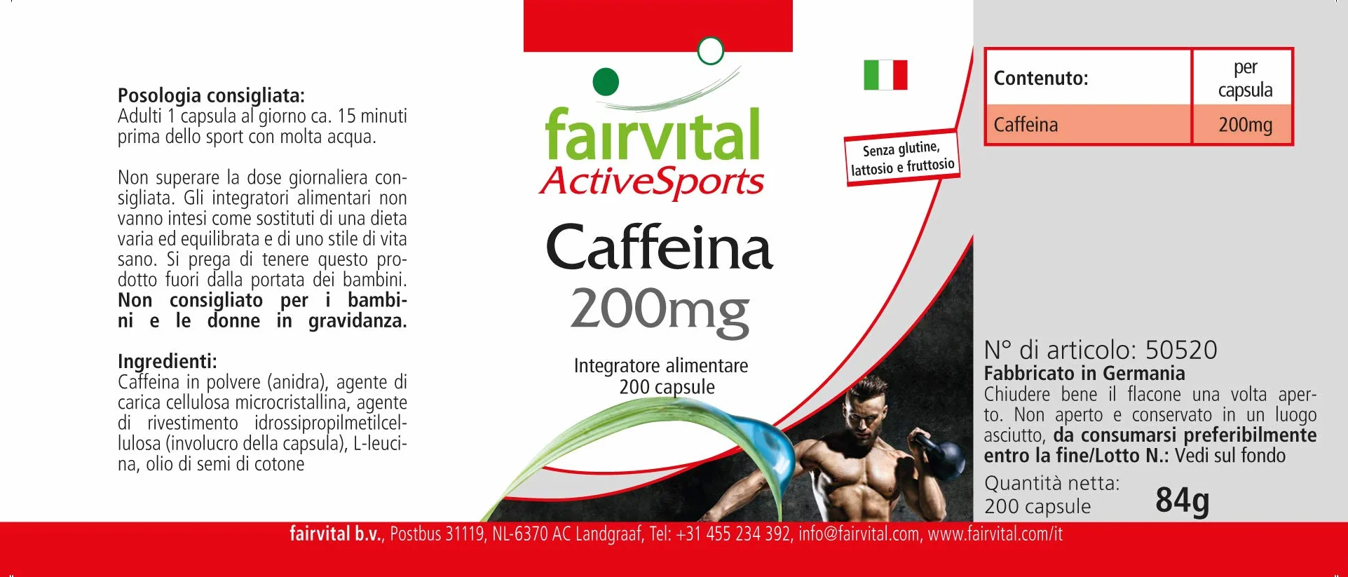 Fairvital Capsule di caffeina 200 mg, 200 capsule vegane ad alto dosaggio