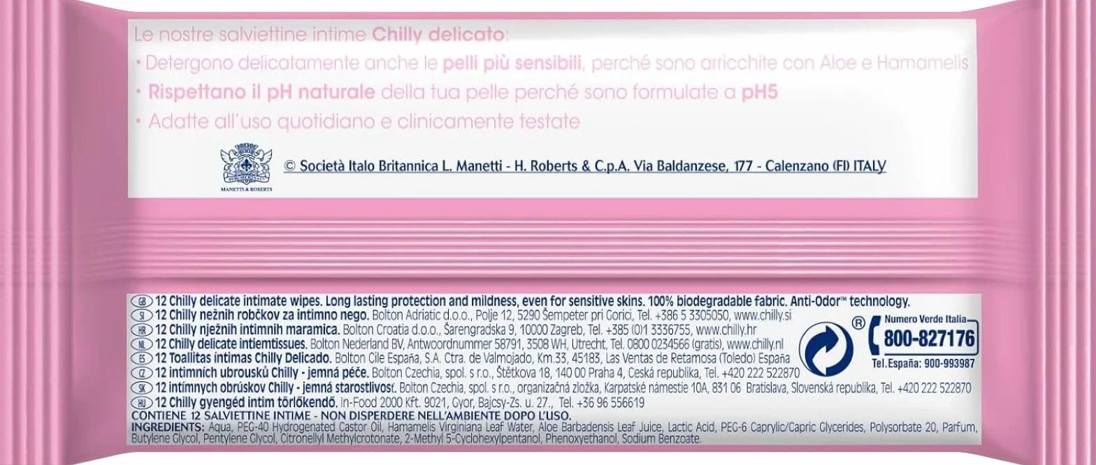 Chilly Salviettine Delicate, Salviette per l'Igiene Intima, PH 5, Tessuto 100% Biodegradabile, 12 Pezzi