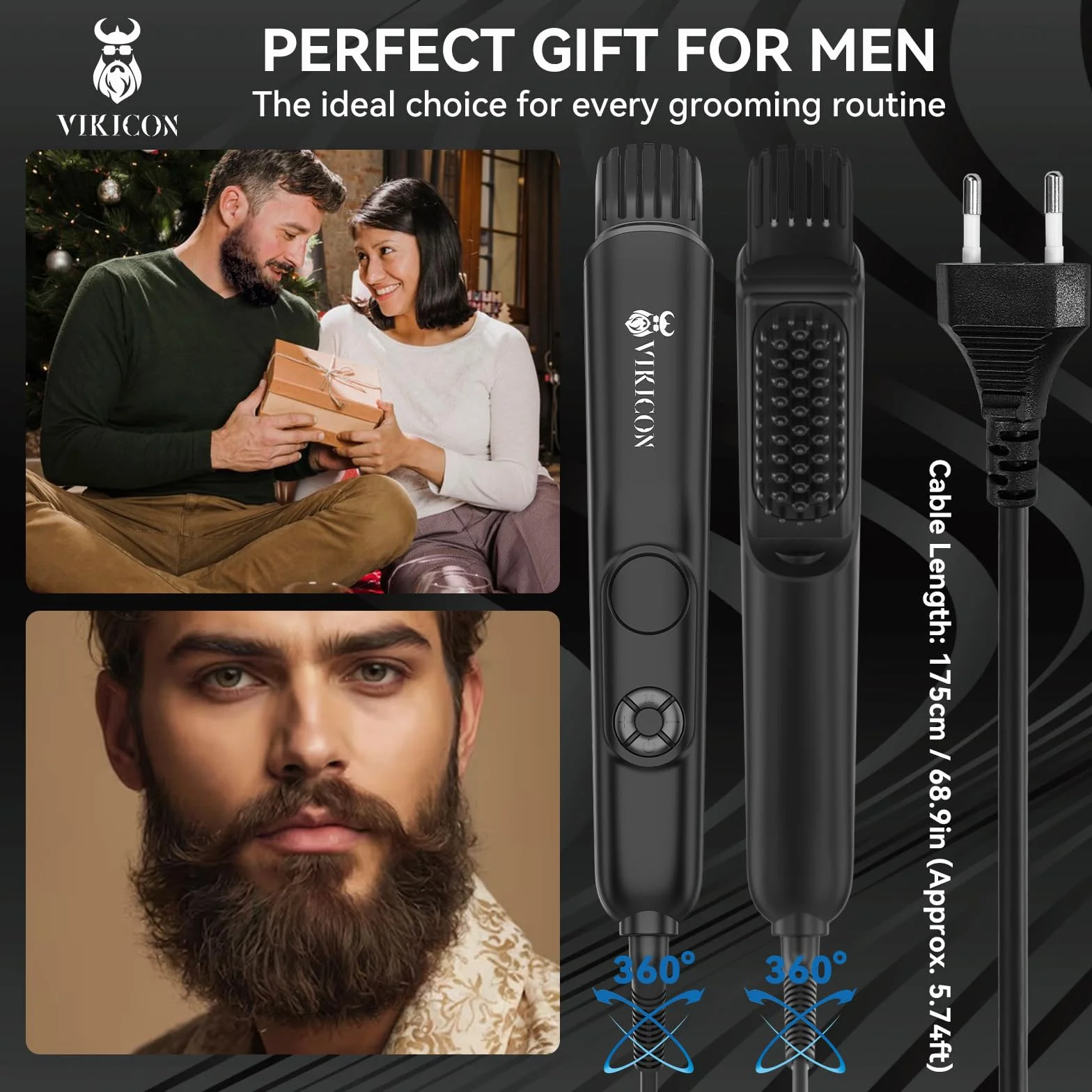 VIKICON Spazzola 3 in 1 per Uomo, Pettine Professionale Con Volumizzatore, 4 Livelli di Calore (120-220℃), Piastra Lisciante per Barba Agli Ioni, Spazzola per Casa/Viaggio