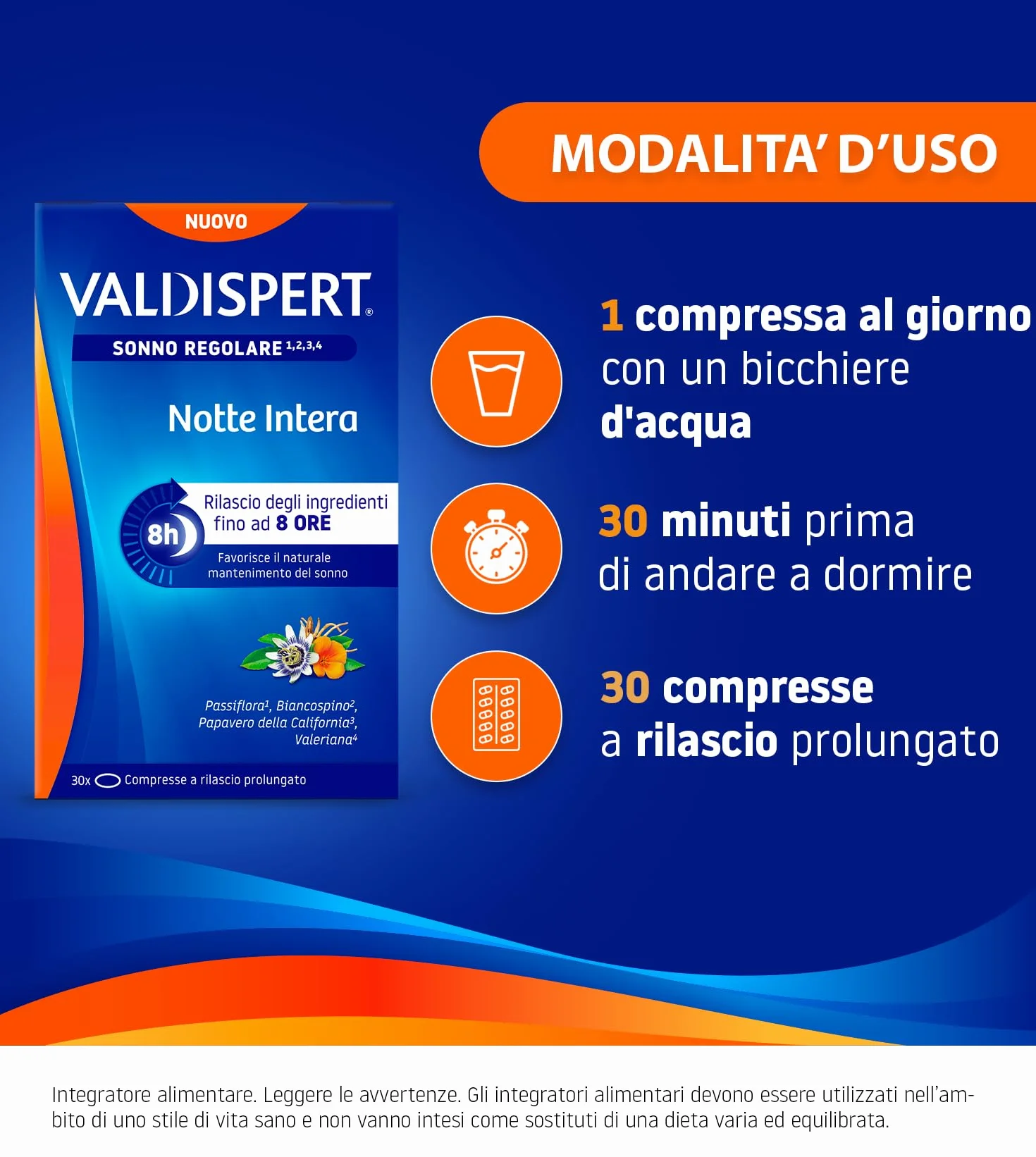 Valdispert Notte Intera 30 Compresse a Lento Rilascio per il Sonno Regolare con Valeriana, Passiflora, Biancospino e Papavero della California