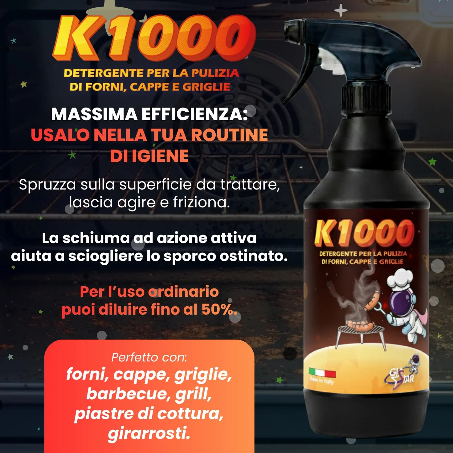 Detergente Pulizia Forno K1000 Sgrassatore 750 ml Made in Italy