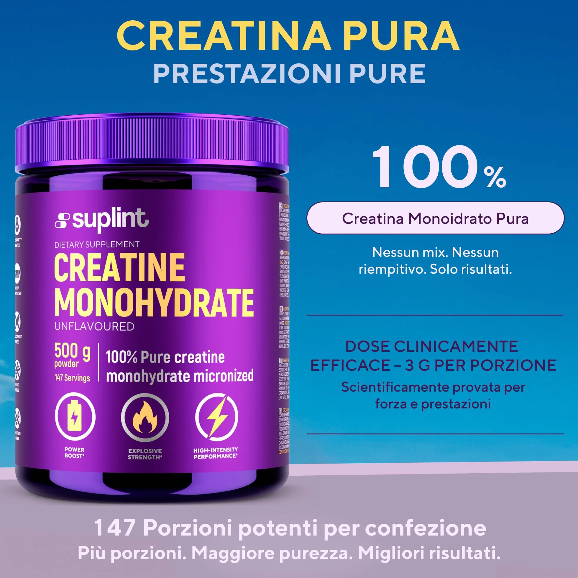 Polvere di Creatina Monoidrata 500 g – 147 Porzioni – 100 % Creatina Monoidrato Pura – Qualità Micronizzata – Vegano, Senza OGM – Integratore Sportivo per Forza, Muscoli & Recupero
