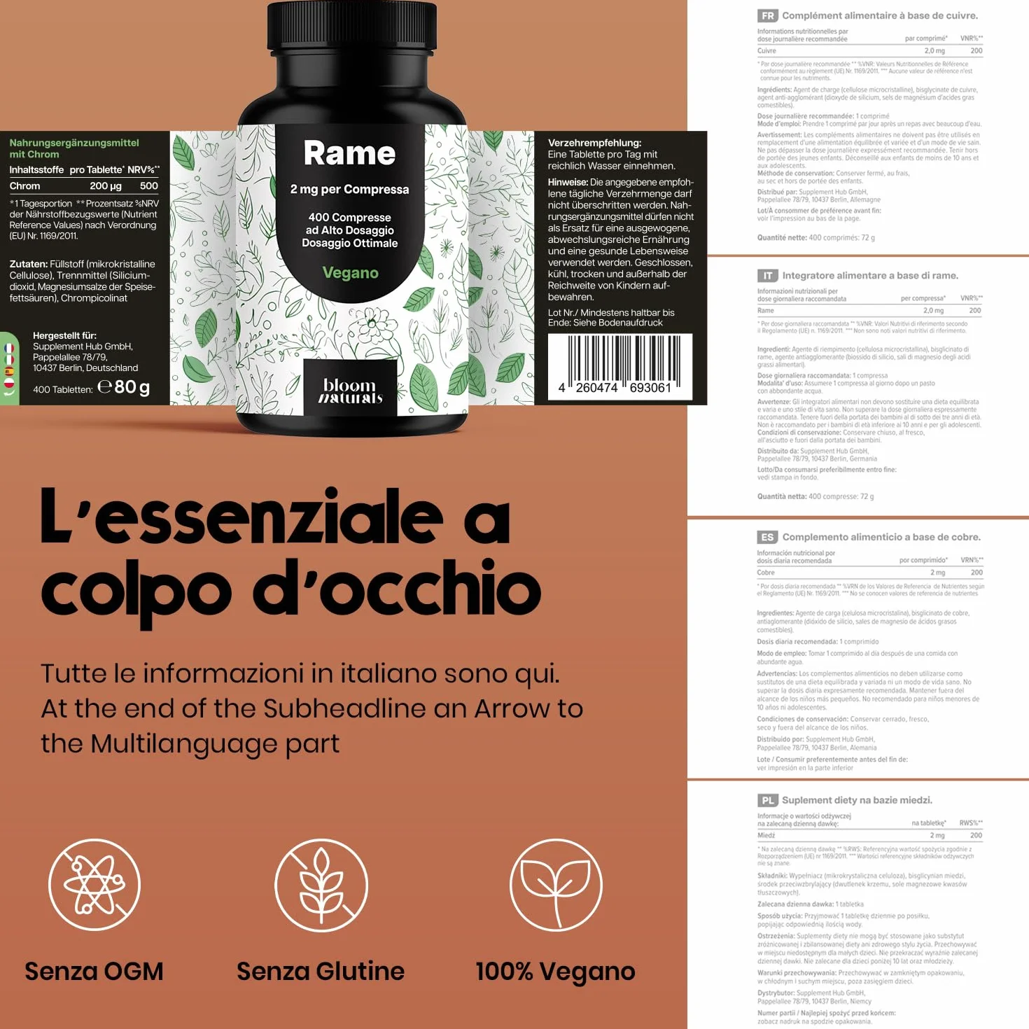 Rame Integratore - 400 Compresse Alto Dosaggio 2 mg - Rame Bisglicinato per Pelle e Capelli - Vegano & Prodotto in Germania - Testato in Laboratorio