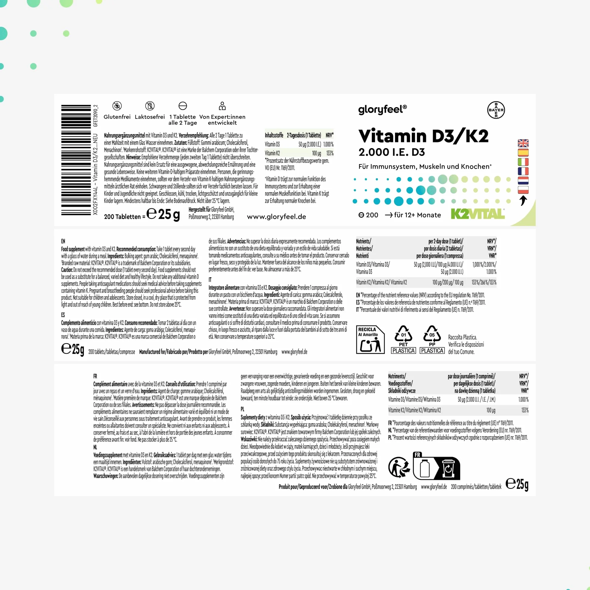 Vitamina D3 + K2 ad alto dosaggio - 200 compresse - Premium: K2VITAL® di Kappa - 99,7% di vitamina K2-MK7 trans + 2000 UI di D3 (1 ogni 2 giorni) - Prodotto di Germania analizzato in laboratorio
