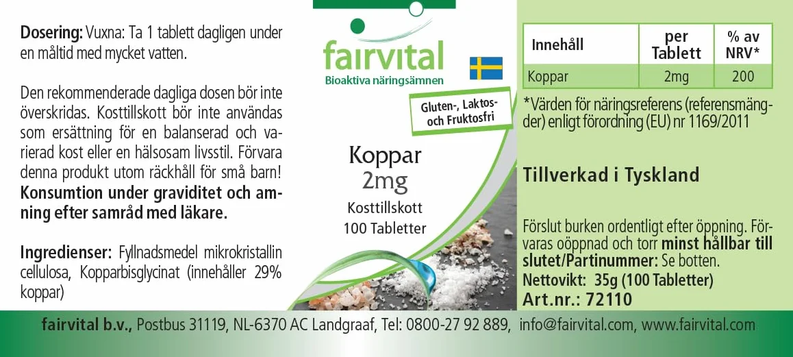 fairvital Compresse di rame 2 mg, ALTO DOSAGGIO, integratore alimentare a base di bisglicinato di rame, vegano, 100 compresse, facili da deglutire