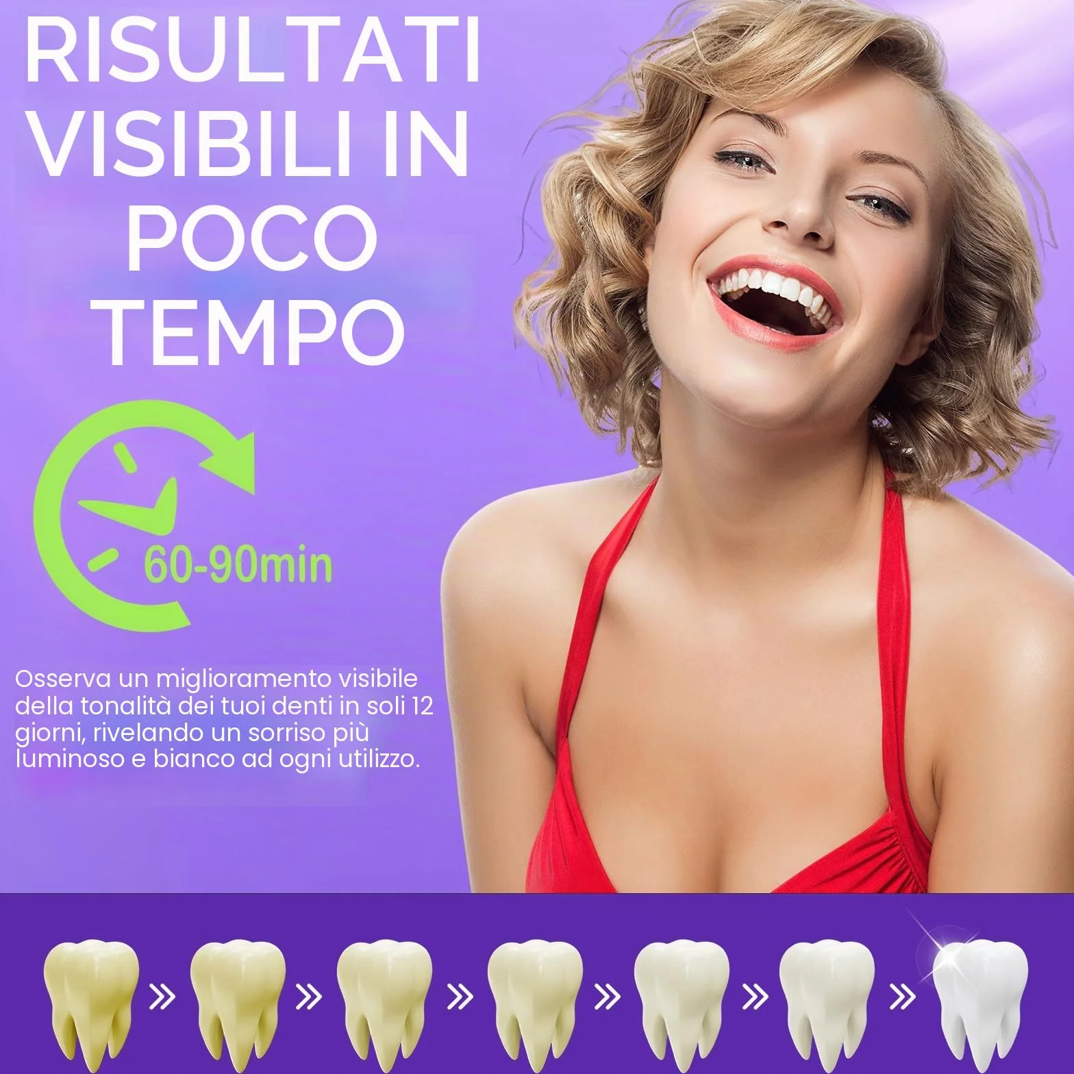 Strisce sbiancanti viola, confezione da 28 pezzi per sbiancamento dei denti per 14 trattamenti, risultati rapidi 30 minuti, formula resistente, sicuro e antiscivolo per tutti