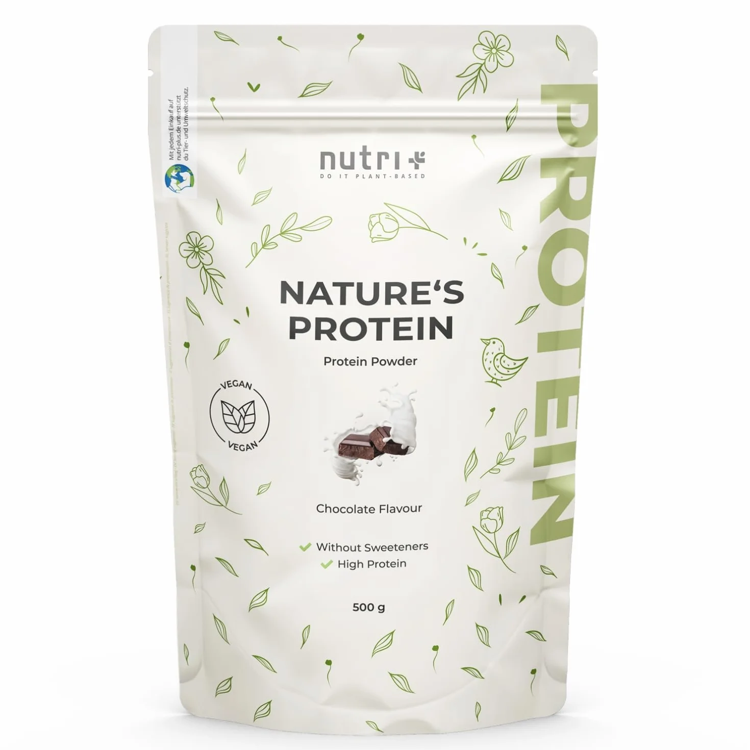 nutri+ Proteine in Polvere Naturali Cioccolato senza Edulcoranti 500g Proteina di Soia e Piselli Bibita Sportiva senza Lattosio per Shake o per Cucinare senza Glutine Vegano