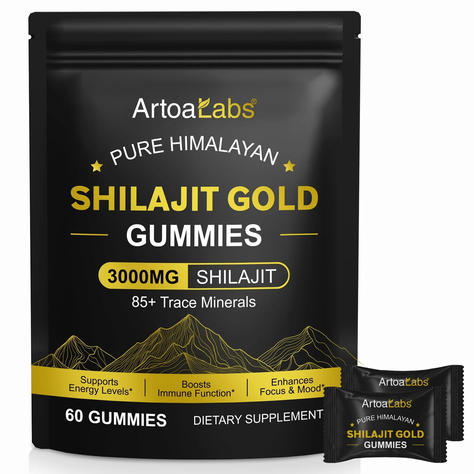 Shilajit - Orsetti gommosi 3000 mg, puro Himalaya Shilajit oro, oltre 85 oligoelementi, supporta il livello di energia, il sistema immunitario (1)