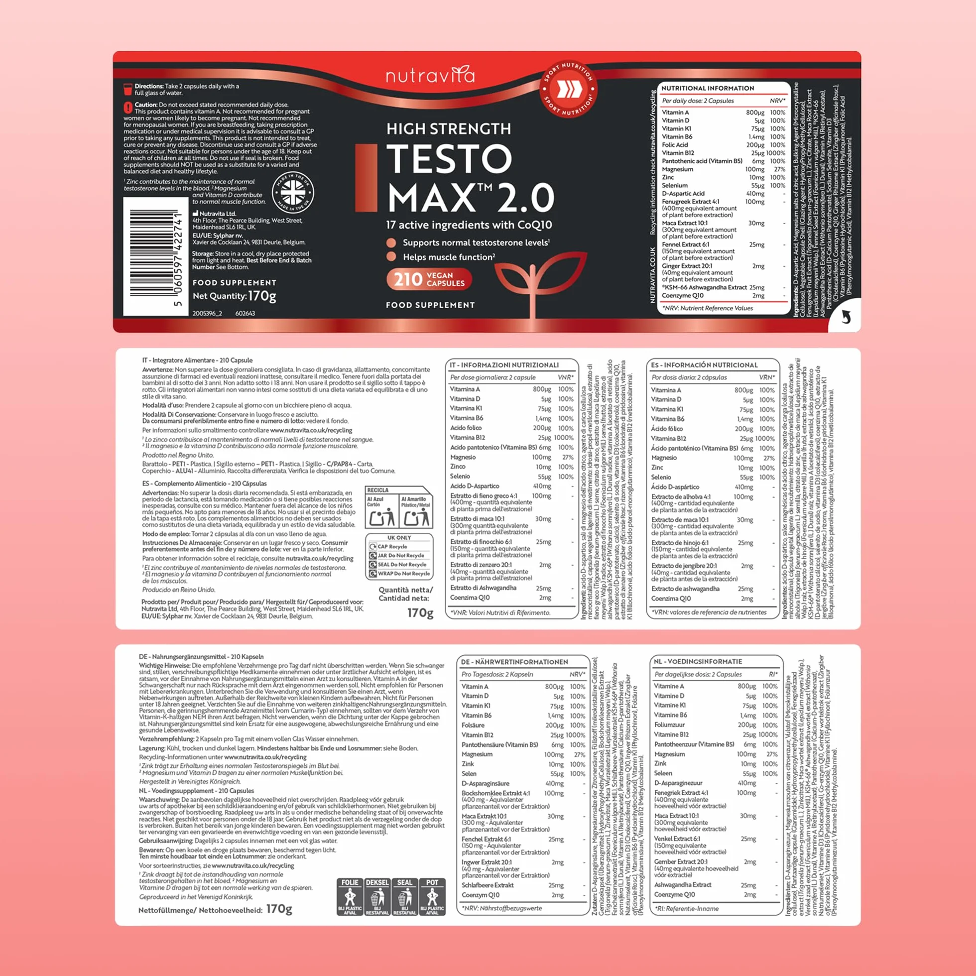 Nutravita Testomax™ 2.0-210 Capsule Vegane - 17 Principi Attivi Tra cui Ashwagandha KSM 66®, CoQ10, Zinco e Radice di Maca - Integratore al Testosterone Uomo - Testosterone Booster Uomo