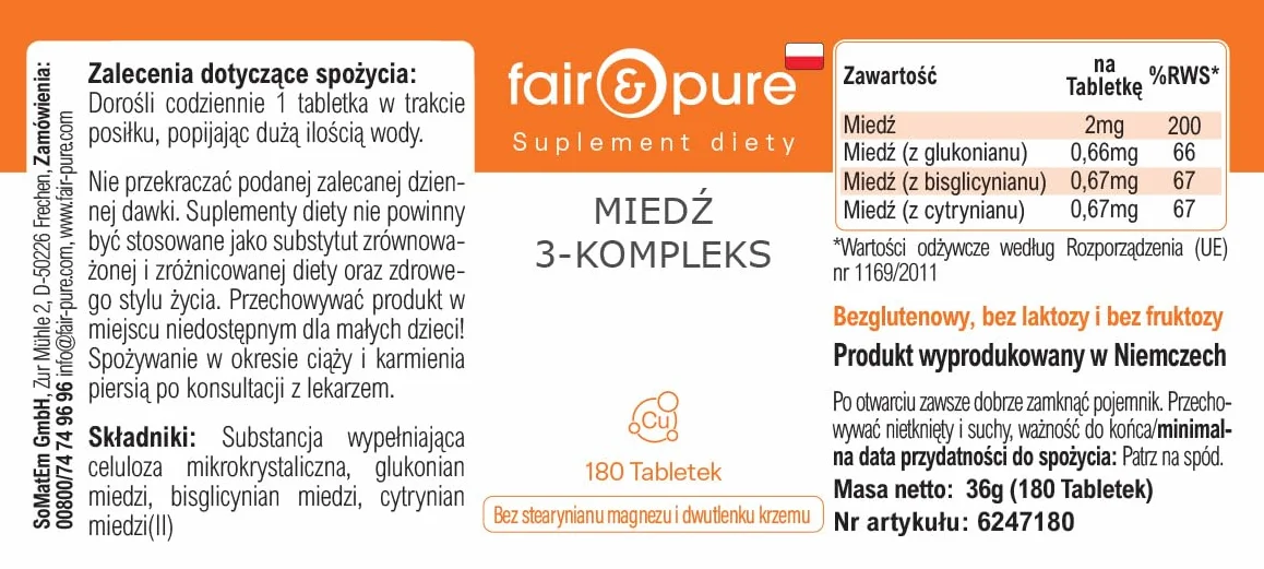 Fair & Pure Complesso di rame a 3 componenti, 180 compresse, 2 mg per compressa, facili da deglutire, integratore alimentare vegano senza additivi, prodotto in Germania