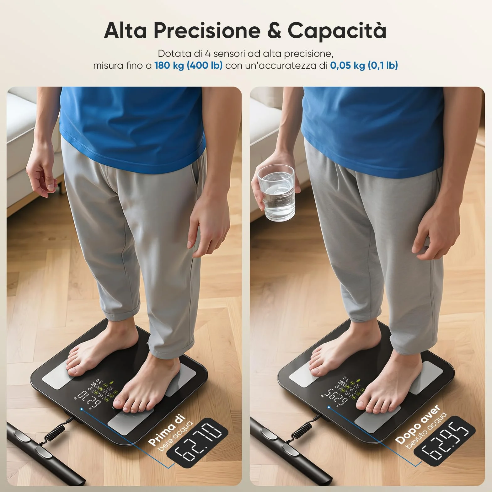 Bilancia Impedenziometrica 8 Elettrodi, Pesapersone Digitale con Display VA, 28 Metriche, Analisi Corporea BIA Doppia Frequenza, 180kg