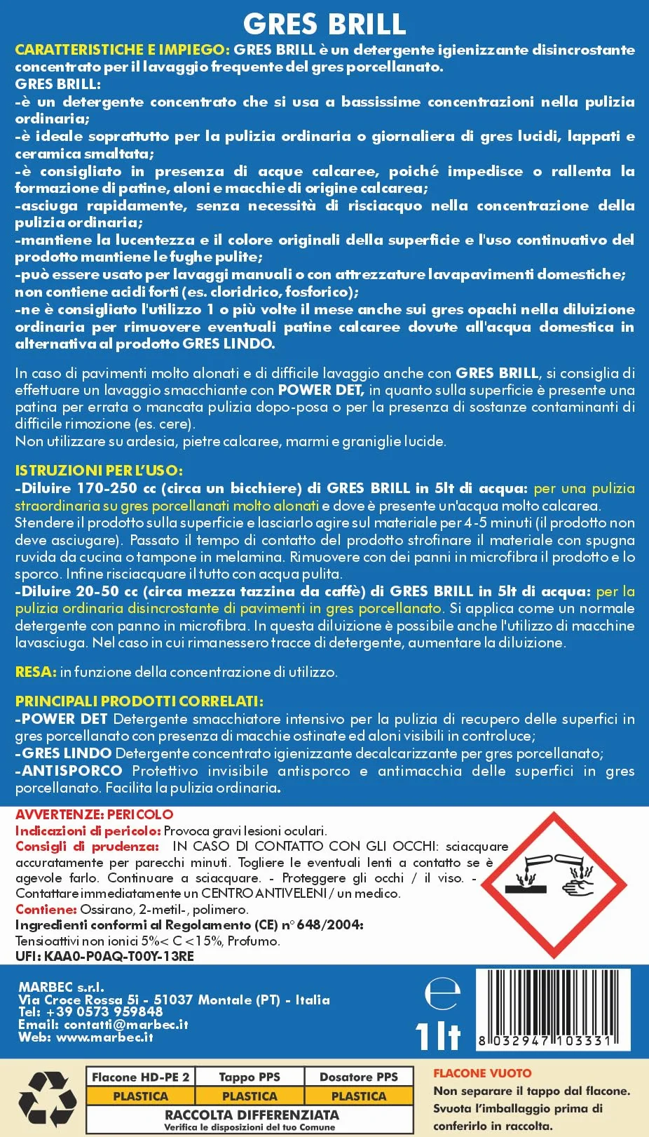 MARBEC GRES BRILL 1LT Detergente per Gres Porcellanato