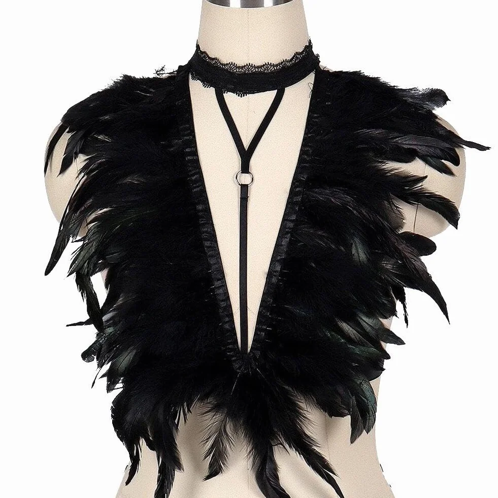 Imbracatura di Piume Nere Gotica Punk Coprispalle Elastica