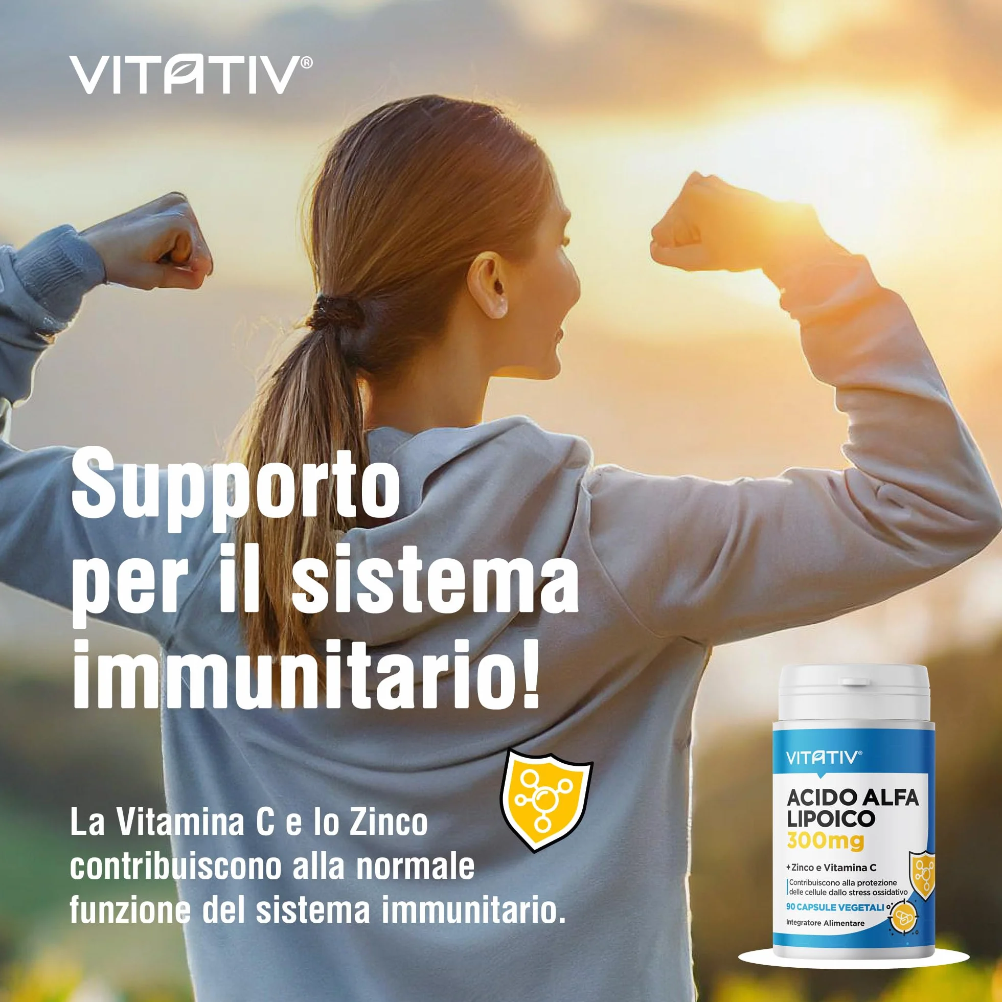 VITATIV Acido Alfa Lipoico ALA 300mg + Vitamina C e Zinco 90 Capsule Vegetali Antiossidante Made in Italy