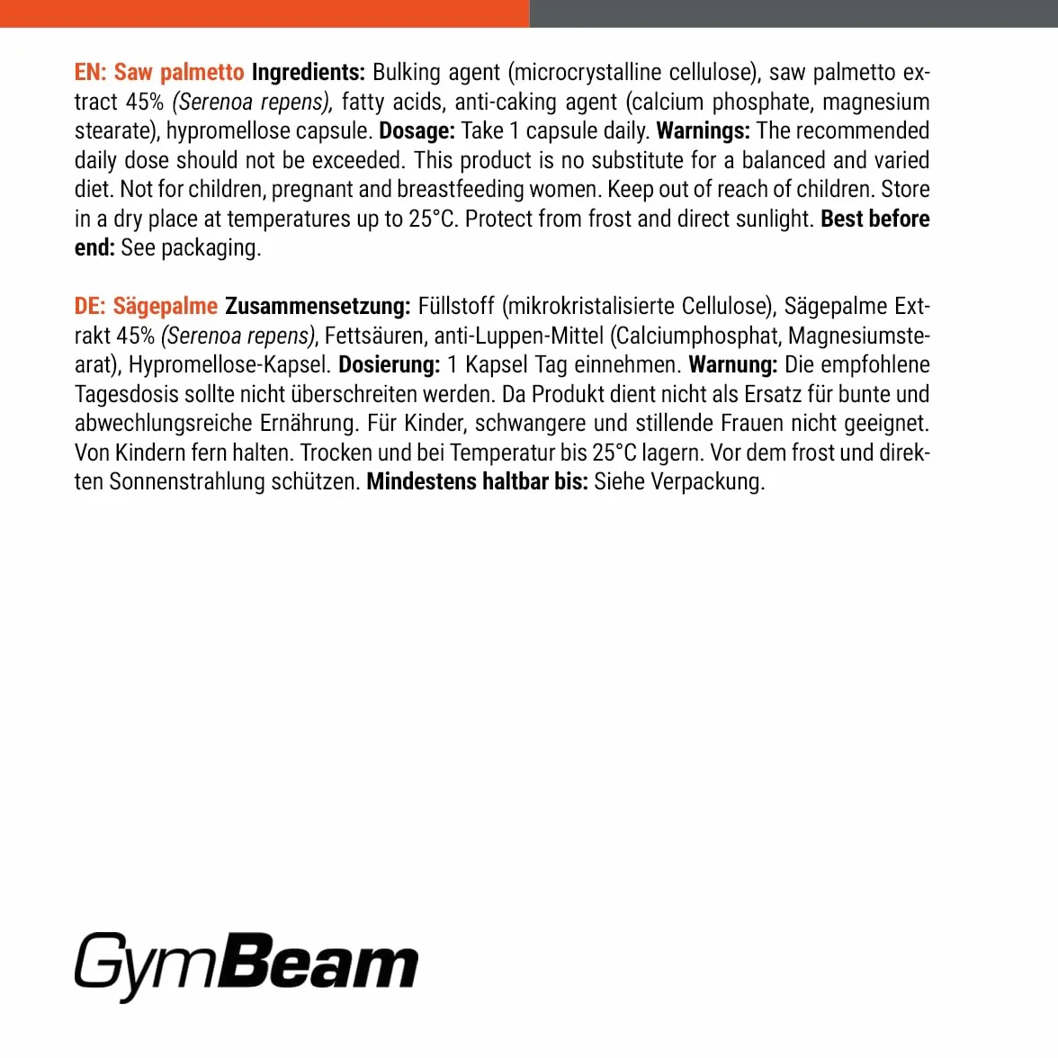 GymBeam Palmetto della Florida Capsule 150 mg - Estratto di Serenoa Repens - Integratore Vegano per il Benessere Maschile - 90 capsule