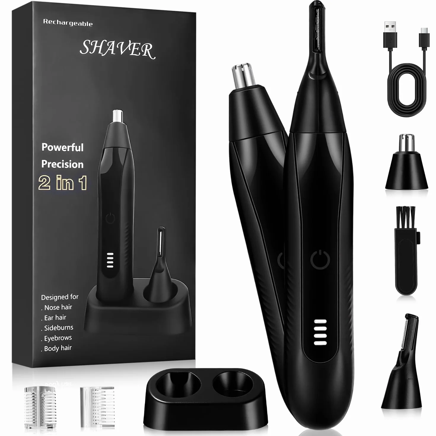 Profesjonalny trymer do nosa i uszu 2 w 1 LED USB, maszynka do golenia metalu