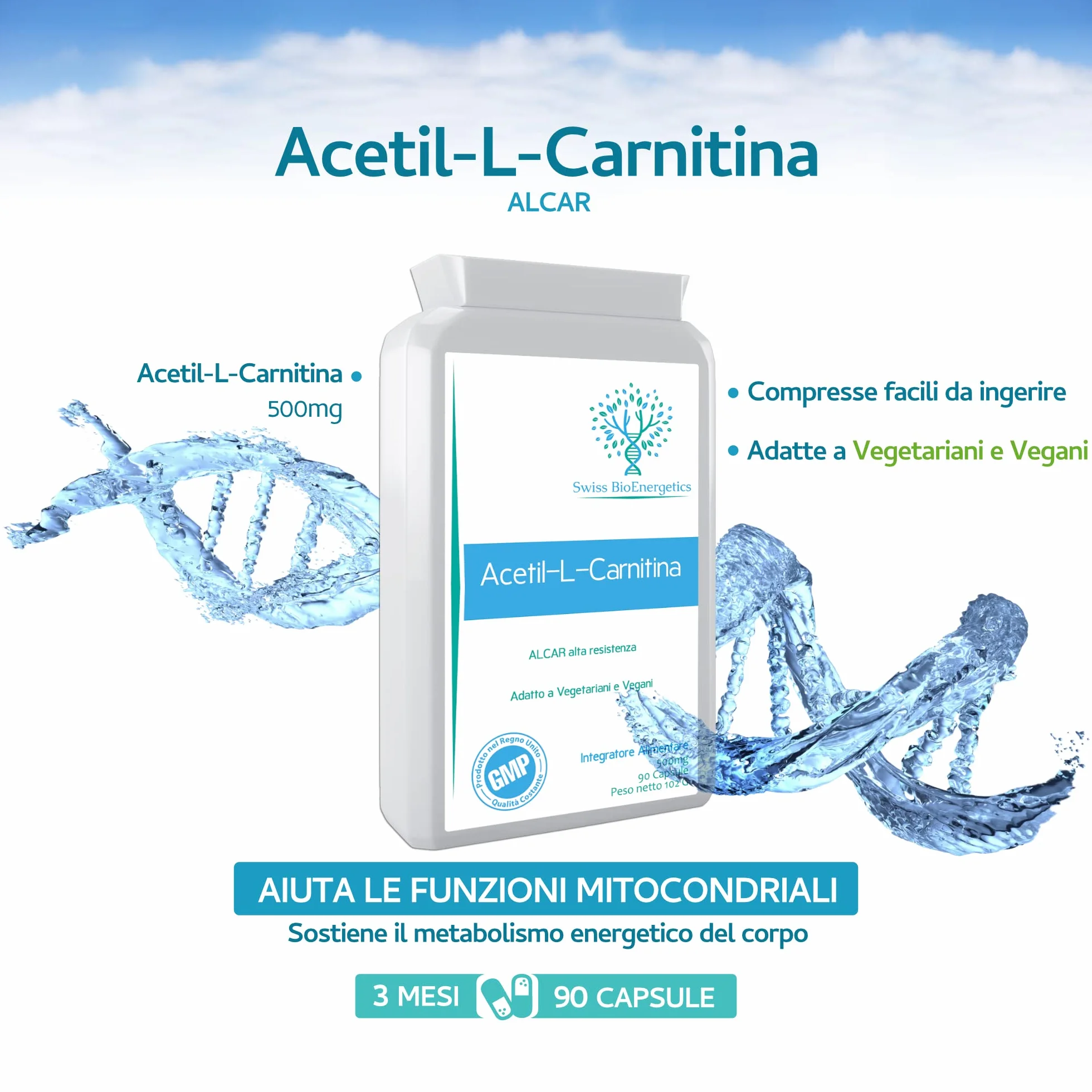 Acetil-L-Carnitina 500mg ALCAR Alta Potenza 90 Capsule Supporto Energia Funzione Cognitiva Resistenza Muscolare Vegano