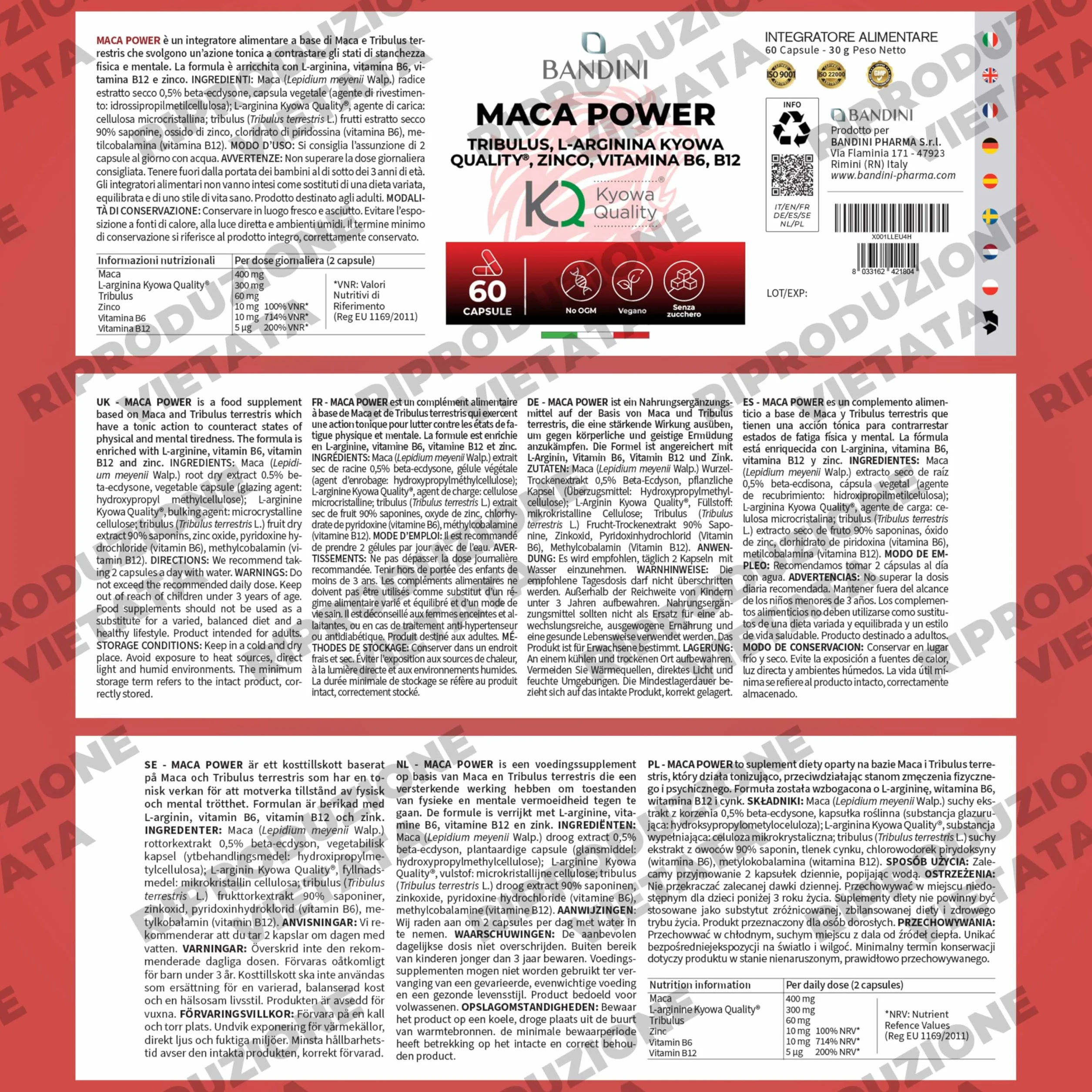 Bandini® MACA POWER Peruviana, 60 Capsule 100% Vegane, Complesso ad Alto Dosaggio con Tribulus, Arginina, Zinco, Vitamina B6 e B12 - Stanchezza Fisica e Mentale, Energia, Sport - Made in Italy