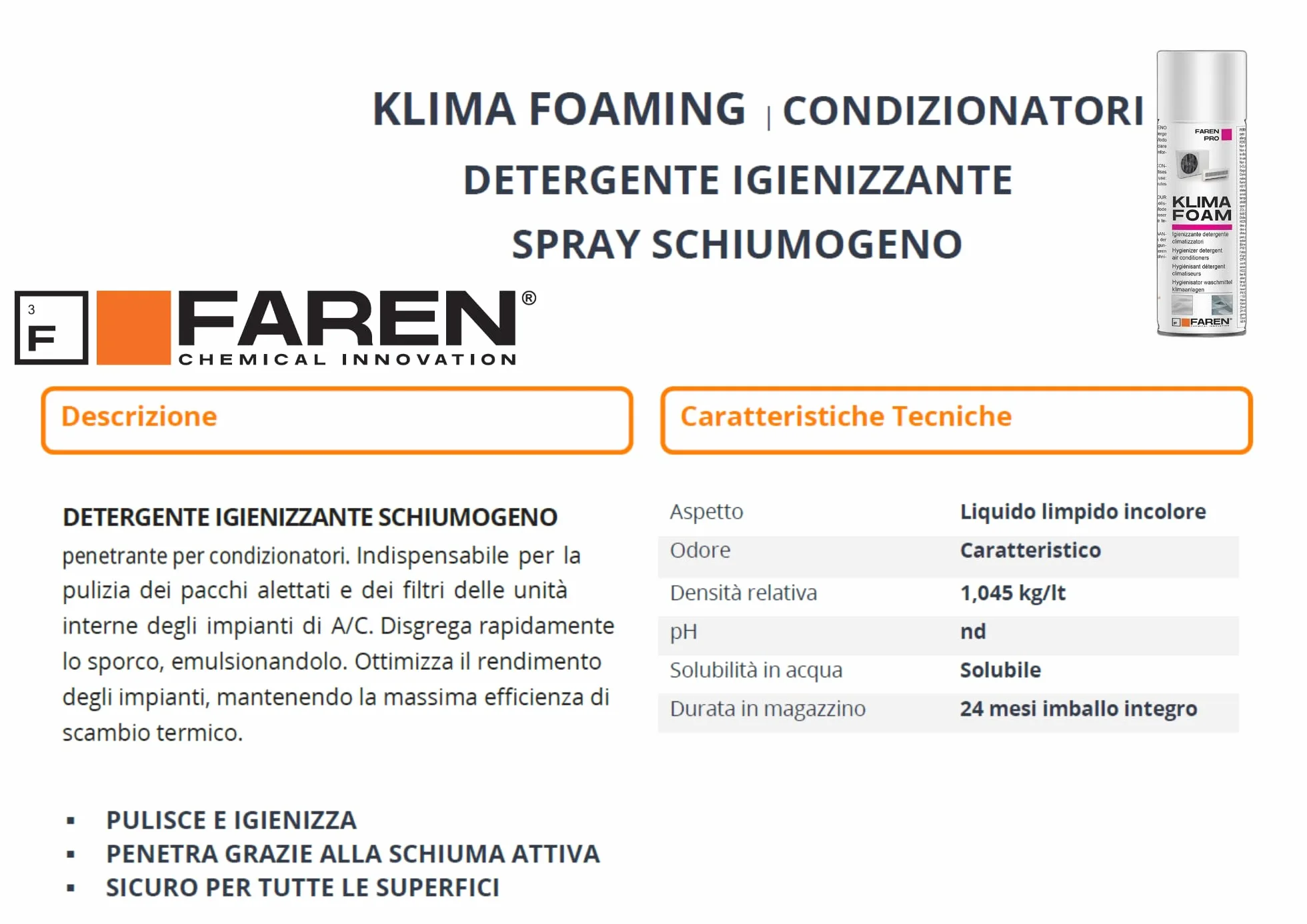 KLIMA FOAM Faren Detergente Igienizzante Spray Schiumogeno per Condizionatori 400ml