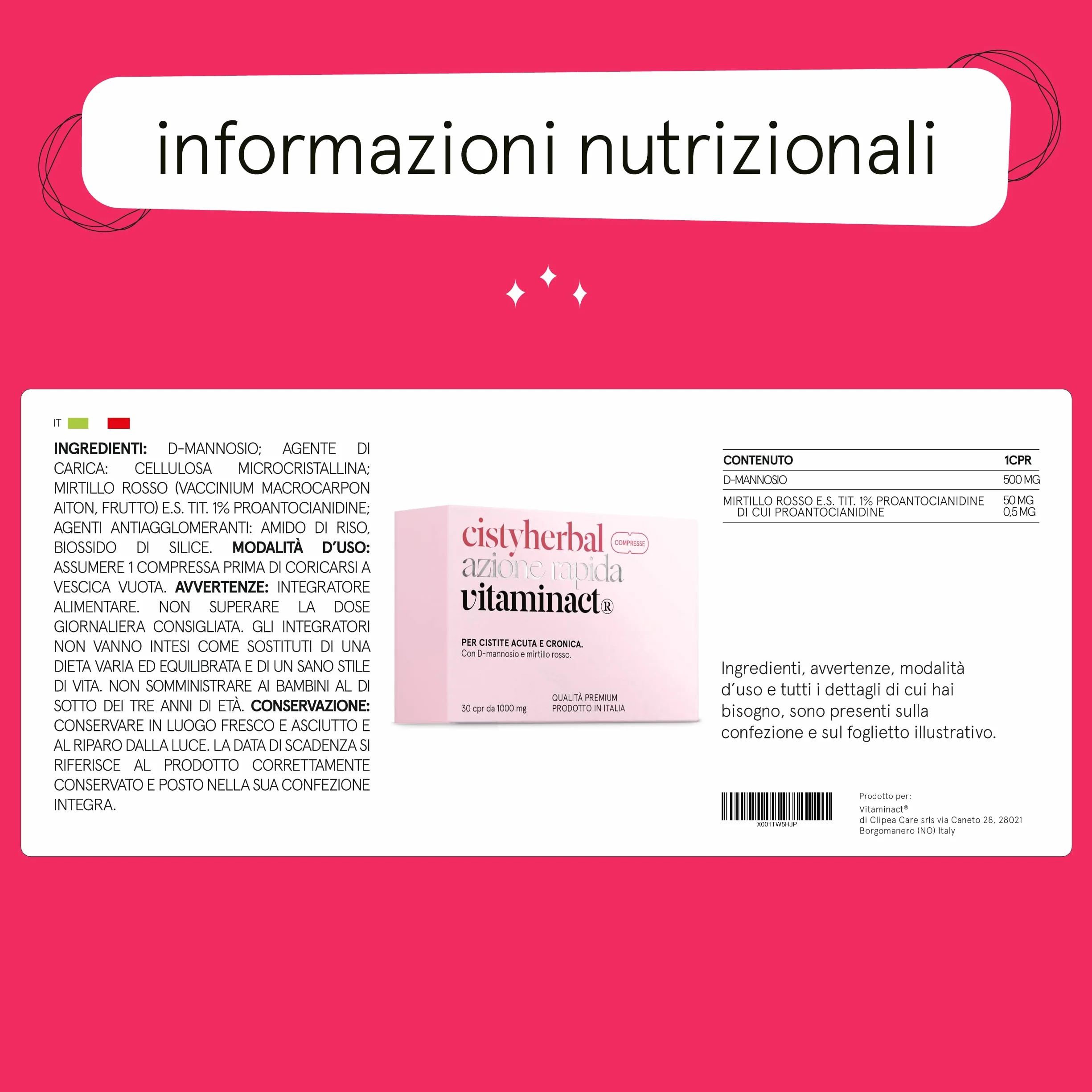 Integratore per Cistite Acuta, Candida e Infezioni delle Vie Urinarie con D mannosio Puro e Mirtillo Rosso